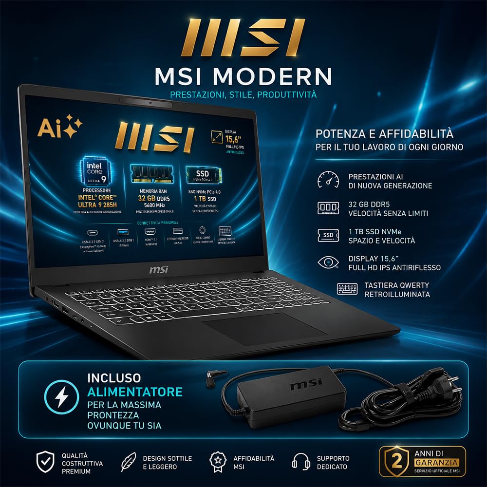 msi Modern AI Notebook Intel Core Ultra 9 285H, Ram DDR5 32Gb, 1Tb, Win11 | 16Core fino a 5.40 GHz, SSD PCI Nvme da 1 Tb, Memoria Ram DDR5 32Gb, Intel ARC Graphic, Display port, Win11, Garanzia Italia