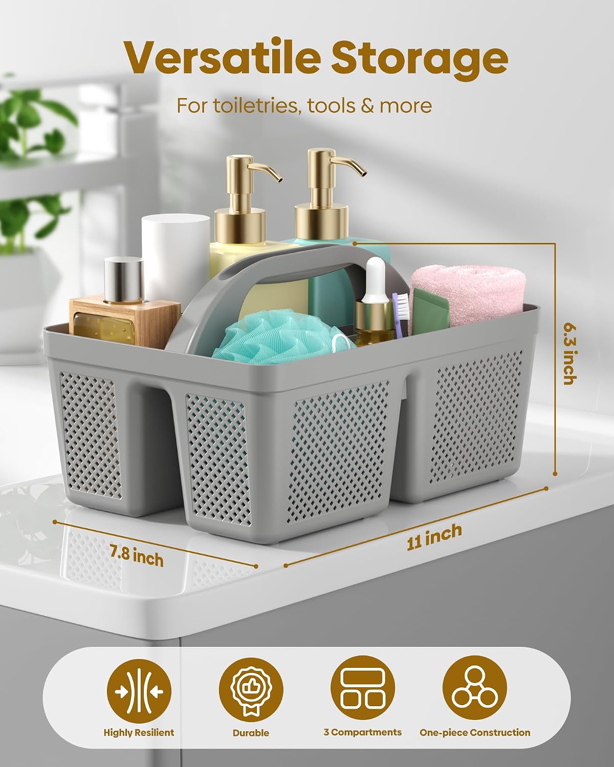 Portable Shower Caddy with Handle - 4 PCS, BPA-free, Gray image 3