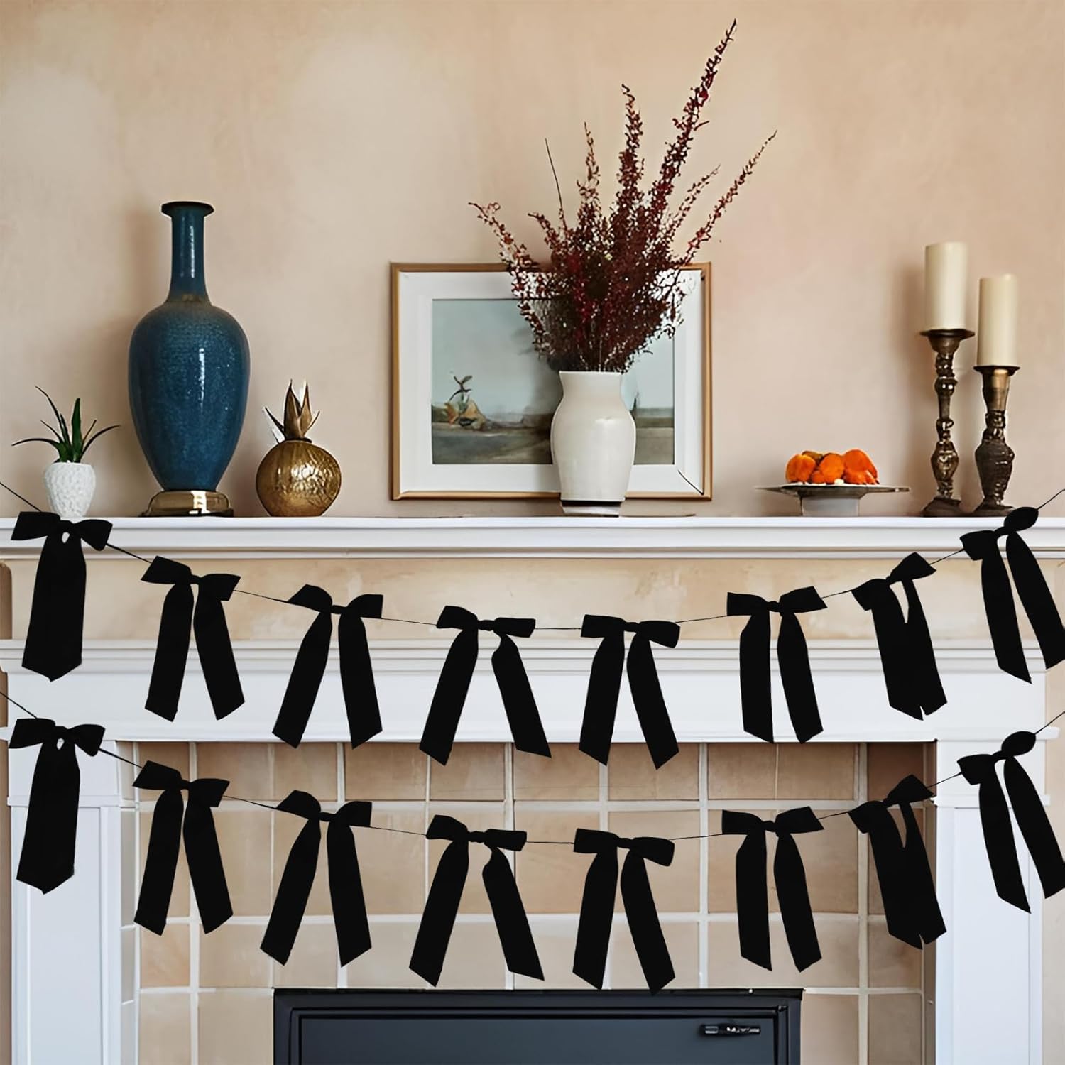 2 Pack Black Bow Garland Banner - 16 Prestrung Satin Black Bows Garland for Bridal Shower Decorations,Bachelorette Party, Birthday Party, Wedding Wall & Holiday Decor Coquette Decor