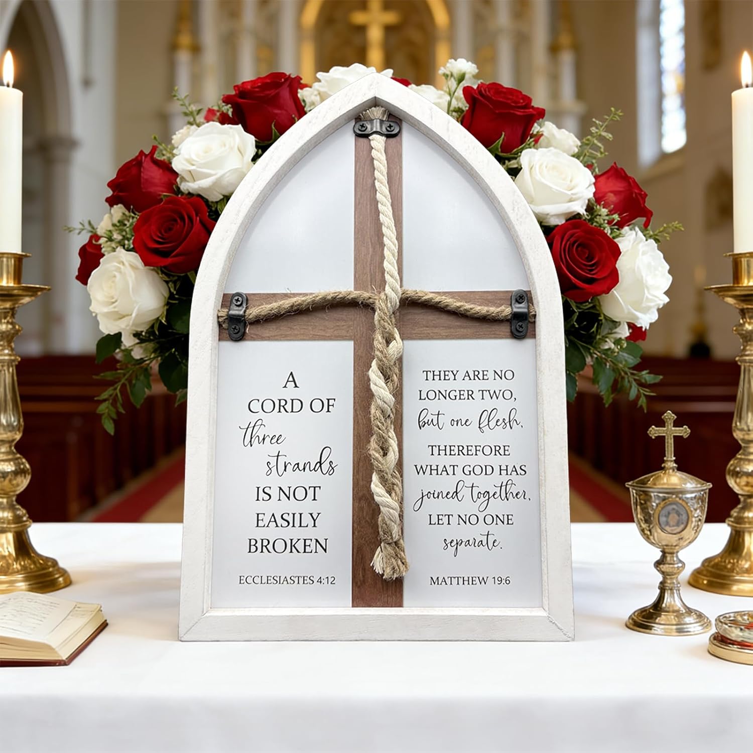 A Cord of Three Strands Wedding Sign Tie God's Knot Three Strands Braid Wall Decor Cross to Braid for Wedding Ceremony Ideas Gift For Couple Christians Symbolic of Unity 14.5"X9.5" (Retro Style)