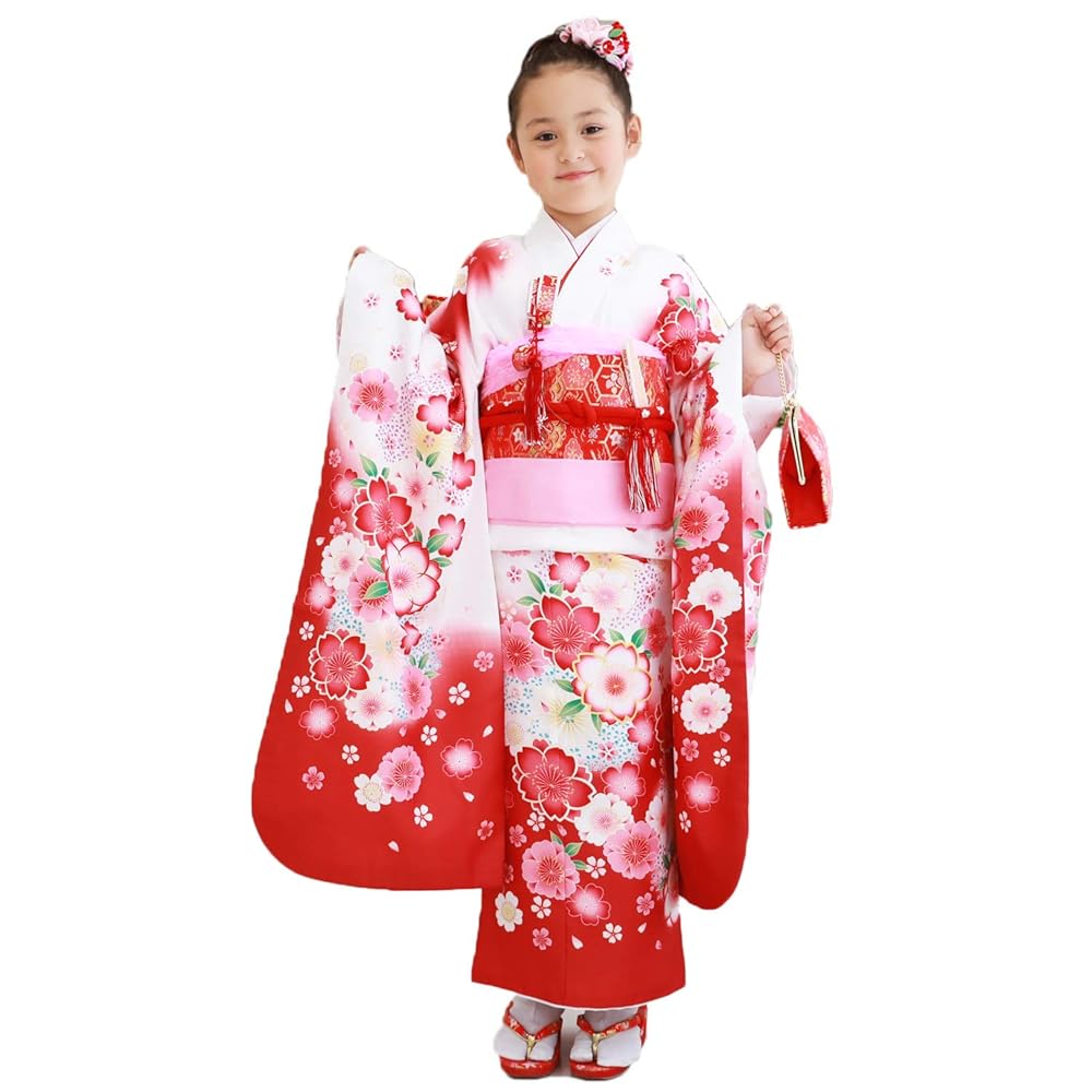 七五三7歳女の子 四つ身着物絵羽柄１６点セット「赤地に雲取りと牡丹・菊・桜」 七五三 着物セット 女の子 7才 7歳 フルセット 絵羽柄 古典柄
