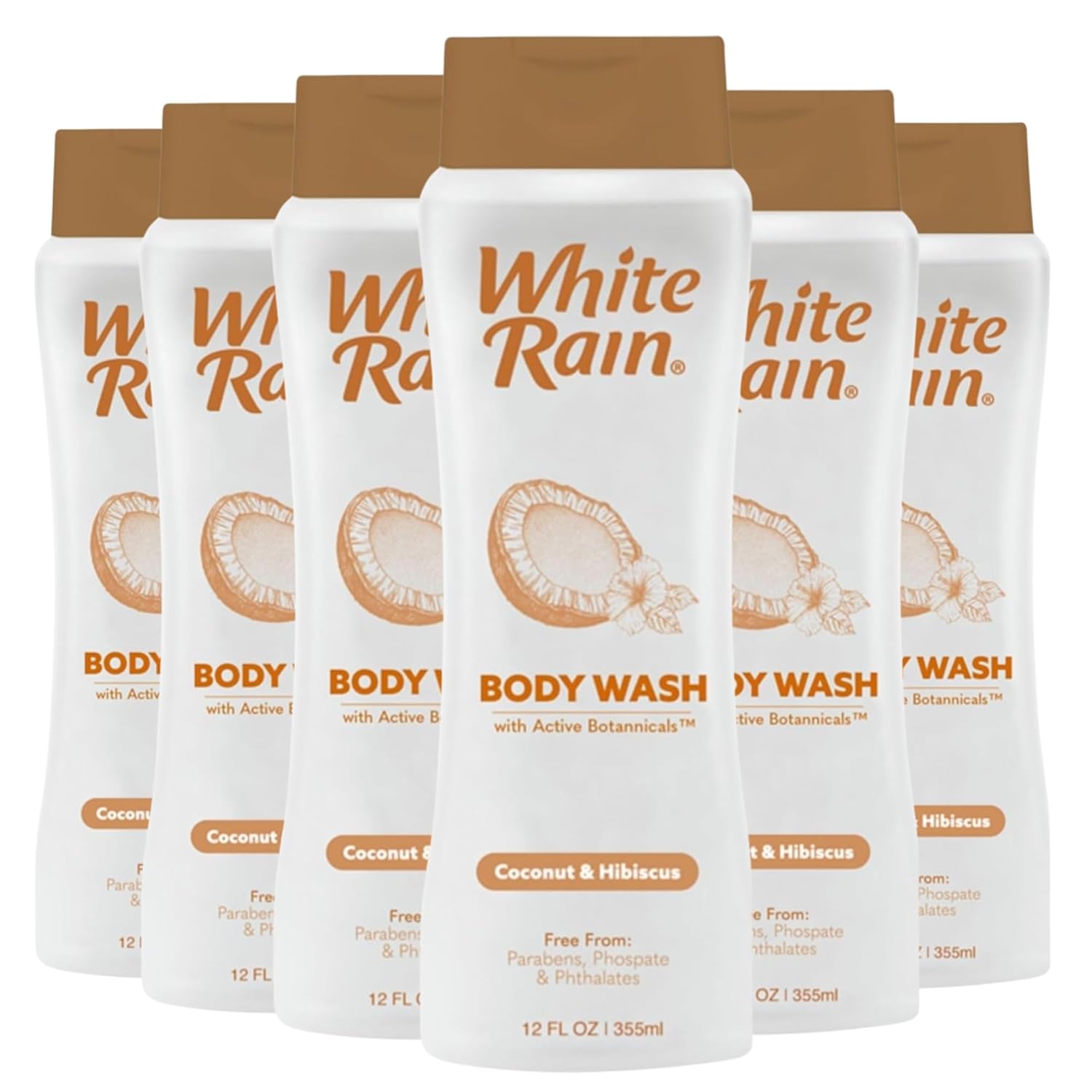 White Rain Coconut & Hibiscus Moisturizing Body Wash for Women & Men - Coconut Body Wash for Dry Skin, Gentle Paraben-Free Formula with Botanical Extracts for Everyday Use, 12 fl oz, Pack of 6