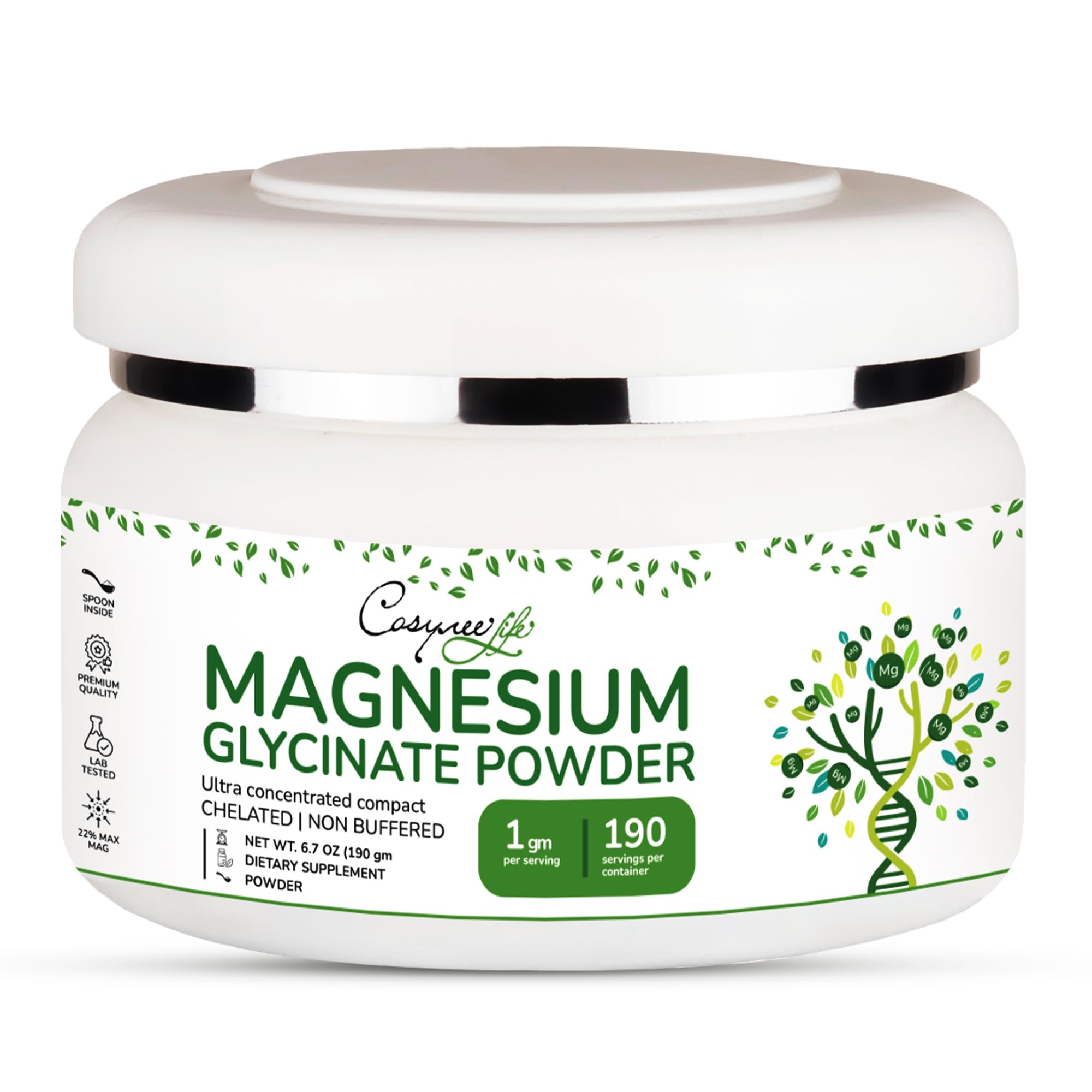 Magnesium Glycinate 220mg High Absorption Magnesium Powder | Powdered Chelated Magnesium bisglycinate Glicinato de Magnesio Unflavored 6.7 Ounce (Pack of 1)