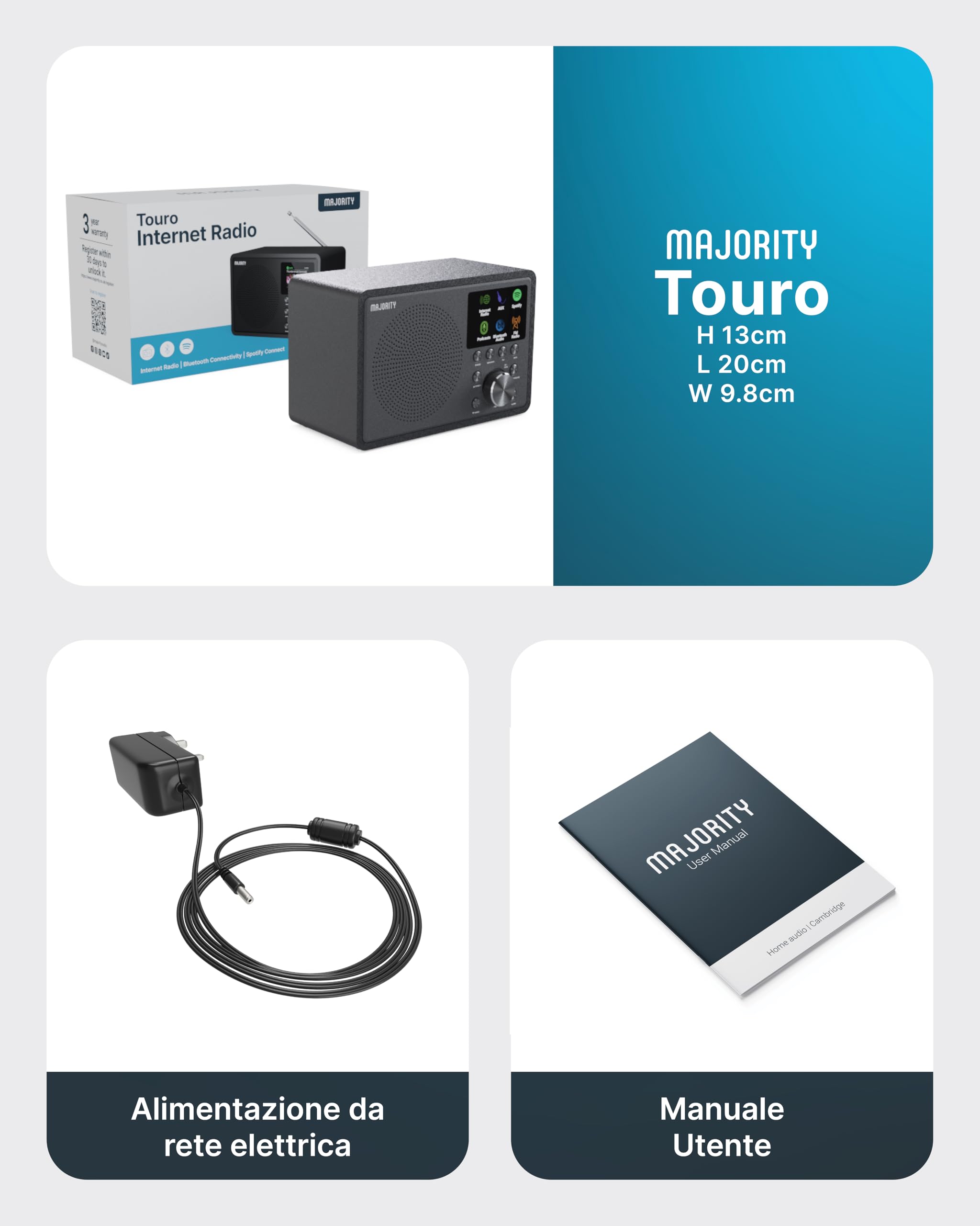 Majority Touro Radio Internet WiFi con DAB+, FM Digitale e Bluetooth | USB, App Oktiv, e Spotify Connect | Sveglia Doppia, Display LCD | Radio da Cucina e Casa con Audio Stereo