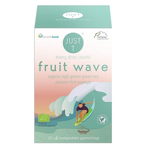 JUST T Fruit Wave Premium - Bolsa de té piramidal (20 piezas)  Té verde orgánico  Combinado con papaya y maracuyá  Bolsas de té orgánico