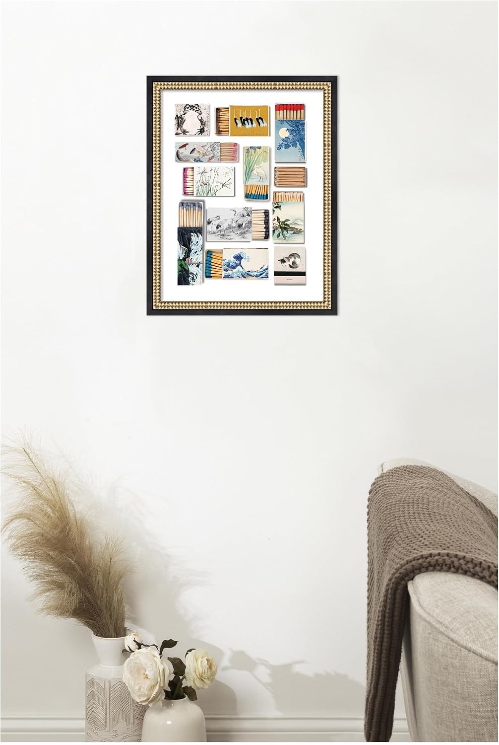 Kate and Laurel Framed Wall Art Print Japanese Matchbooks by Megan Ryan, 16 x 20, Castellan Black Frame, Vintage, Still Life Art for Wall Decor