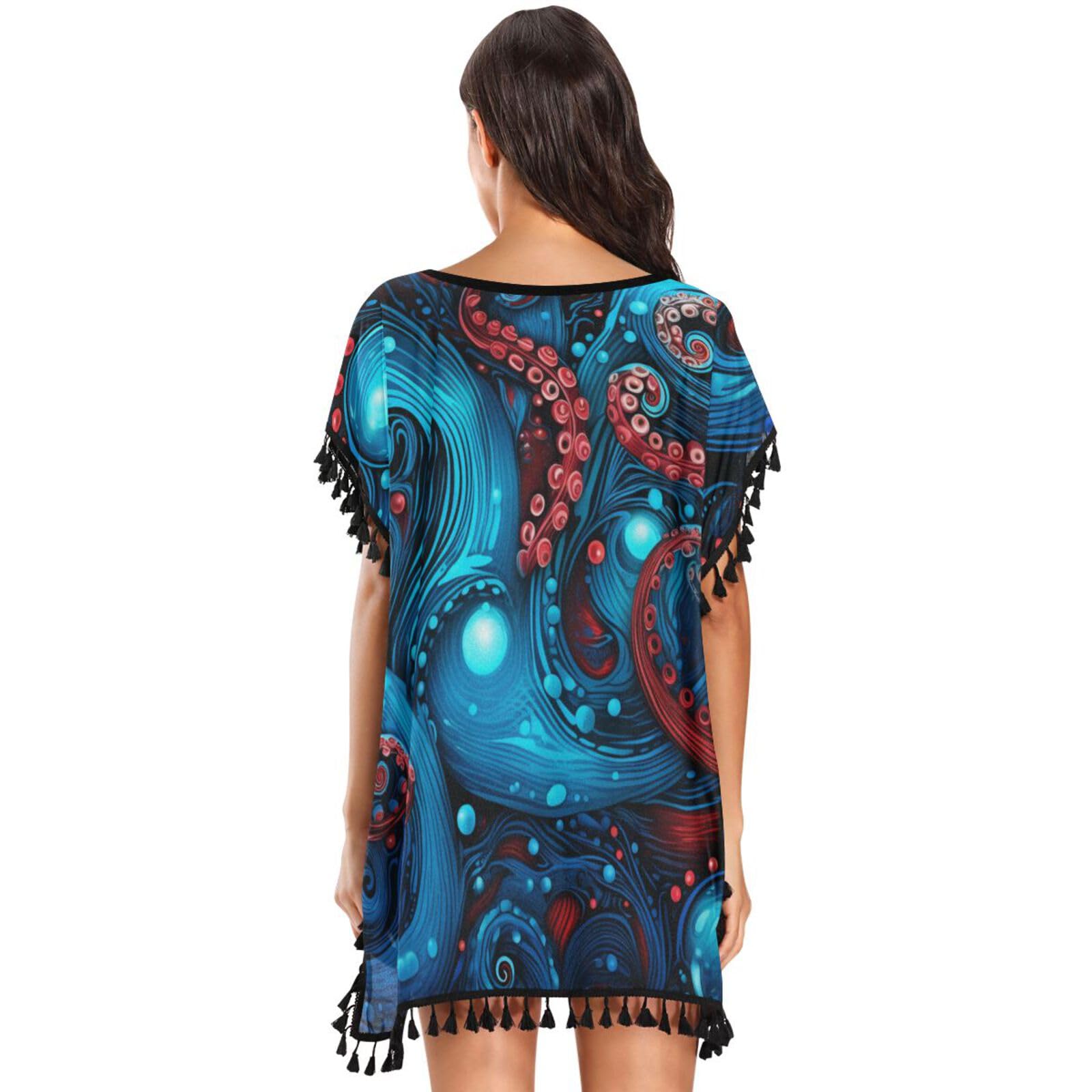 Octopus Abstract Blue Red Art Women's Beach Cover Up Chiffon Tassel Swimwear Swimsuit Coverups for Girl