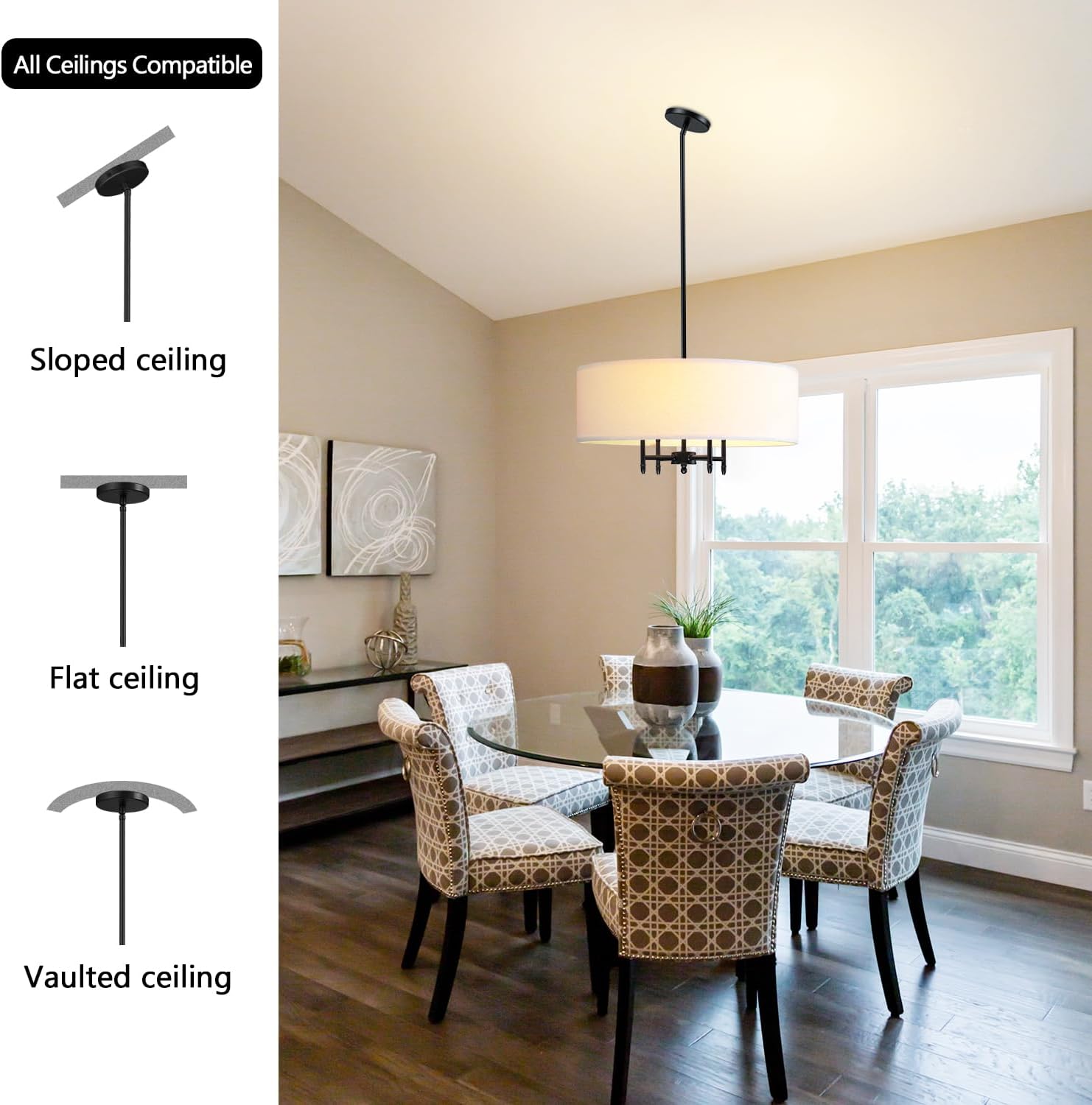 Untrammelife Drum Pendant Chandelier 4-Lights Black Ceiling Hanging Light Fixture with 20" White Shade, for Dining Room Living Room Bedroom Kitchen Island Stairway Hallway