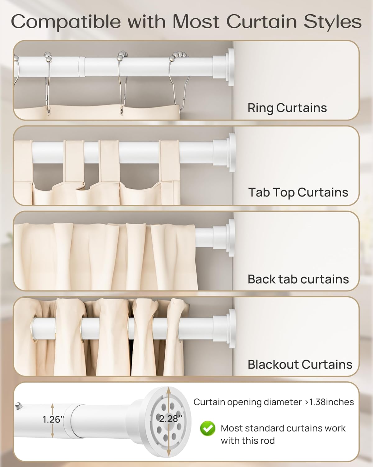 Tension Curtain Rod by EZFurni, 42 to 123 Inch, Heavy Duty Tension Rod for Windows, Anti-Slip White Curtain Rod Spring Tension, Adjustable Spring Loaded Curtain Rods No Drilling, Easy Install