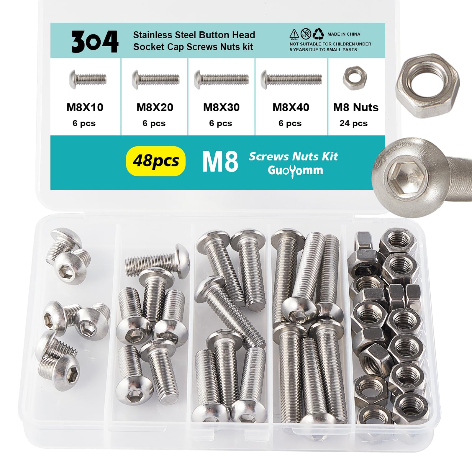 Viti e dadi, M8 x 10 mm, 20 mm, 30 mm, 40 mm, in acciaio inox 304, finitura lucida, filettatura completa, kit assortito da 48 pezzi