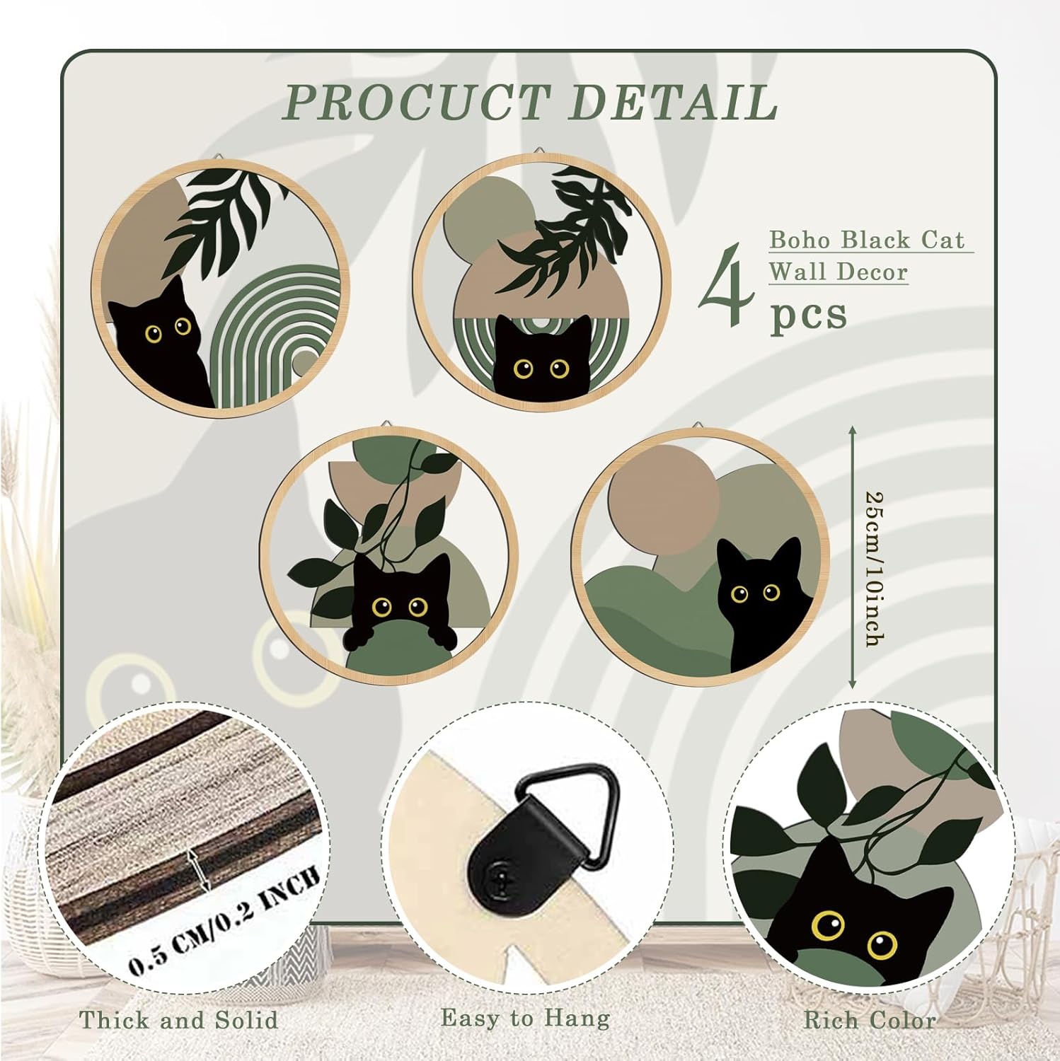 Sage green Cat Wall Art Sage green C at Room Decor Aesthetic, 4-Piece Farmhouse Geometric Wooden Black Cat Wall Decor Mid-Century Bohemian Moon Sun Design for Nursery, Bedroom Ca t Lover Gifts