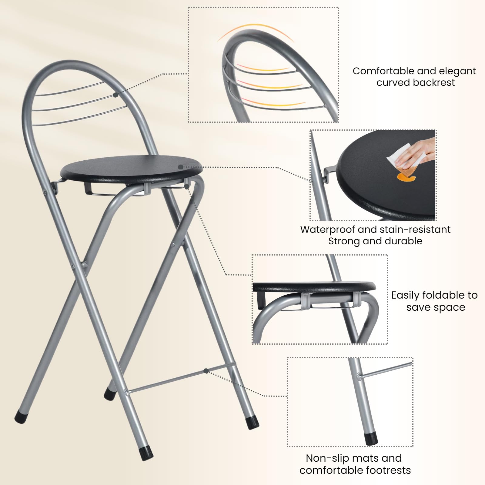 Barhocker Klappbarer, Barhocker mit Lehne, Keine Montage Erforderlich, Tragbarer Outdoor, Geeignet Für Küche, Bistro, Geschäft, Veranstaltungen im Freien (Schwarz und Silber)