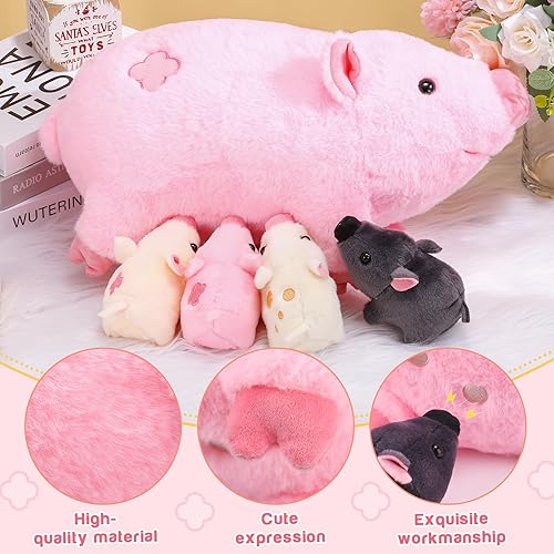 Miniatura 2 de Honoson Cerdo de peluche con bebés, juego de peluche suave para niños pequeños, mamá cerdo de peluche con 4 lechones magnéticos de peluche para