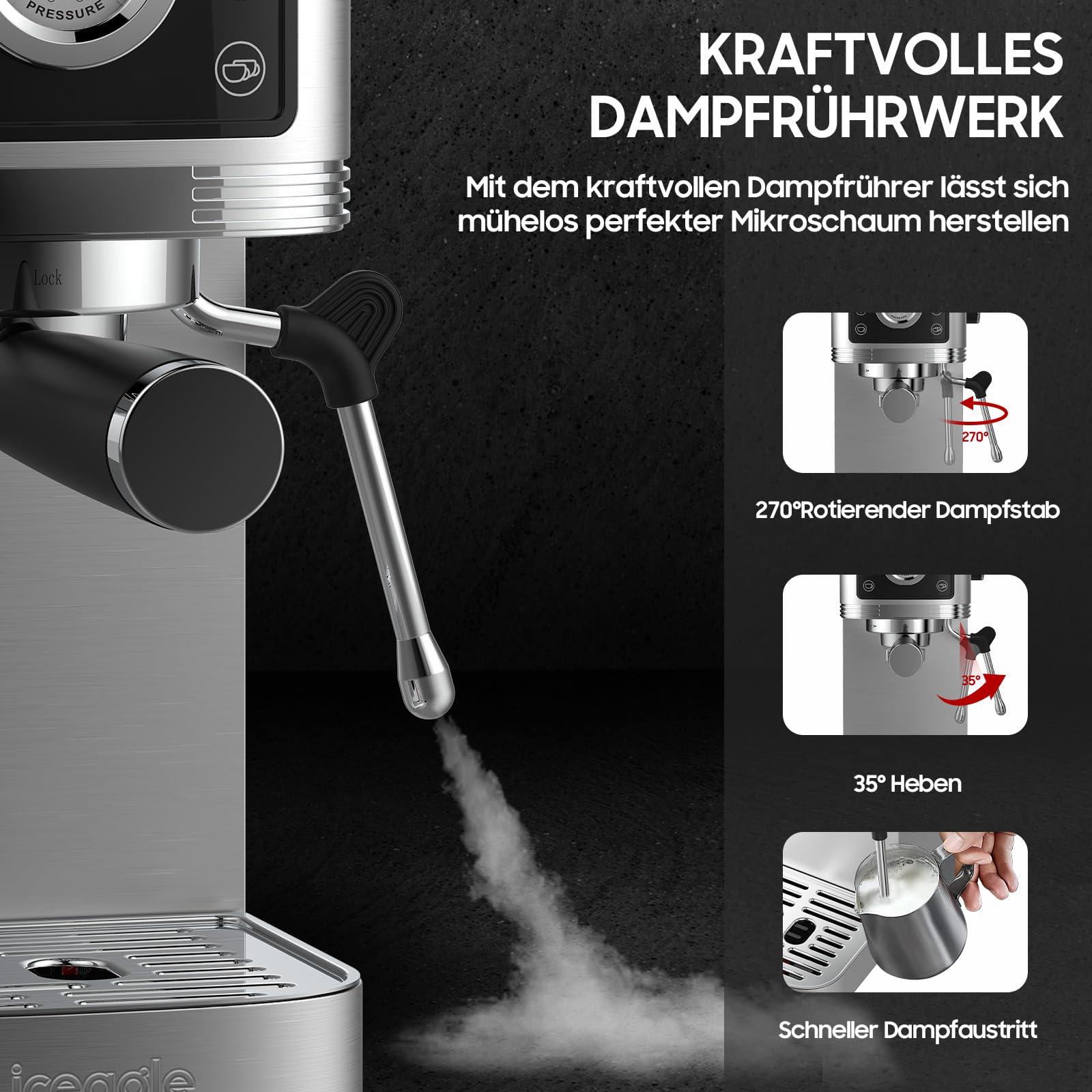 iceagle Espresso Siebträgermaschine 20-Bar Italienischer Pumpe | 1350W Espressomaschine Edelstahl mit Milchaufschäumer, Kaffeemaschine für Cappuccinoo, Touchscreen mit Druckanzeige, 1.3L Wassertank