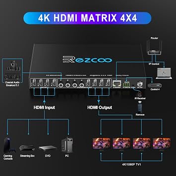 4K@60Hz HDMI Matrix 4X4 HDR Coaxial Audio Breakout - HDCP 2.2 HDMI 2.0 Matrix 4x4 18Gbps with IR Receiver Remote, IP control, RS232, Scaler 4K to 1080P EDID Manage MX44-HAS2
