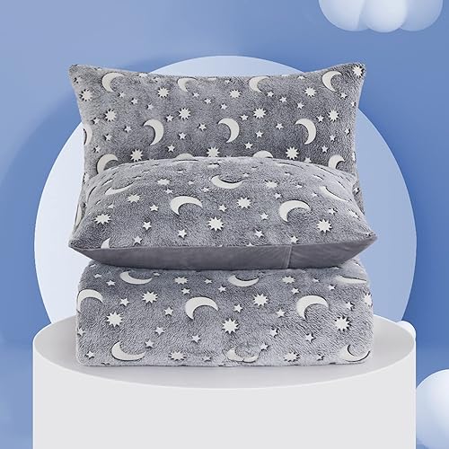 Miniatura 4 de HOMBYS Juego de edredón que brilla en la oscuridad de 3 piezas tamaño individualindividual XL juego de ropa de cama de terciopelo gris para cama