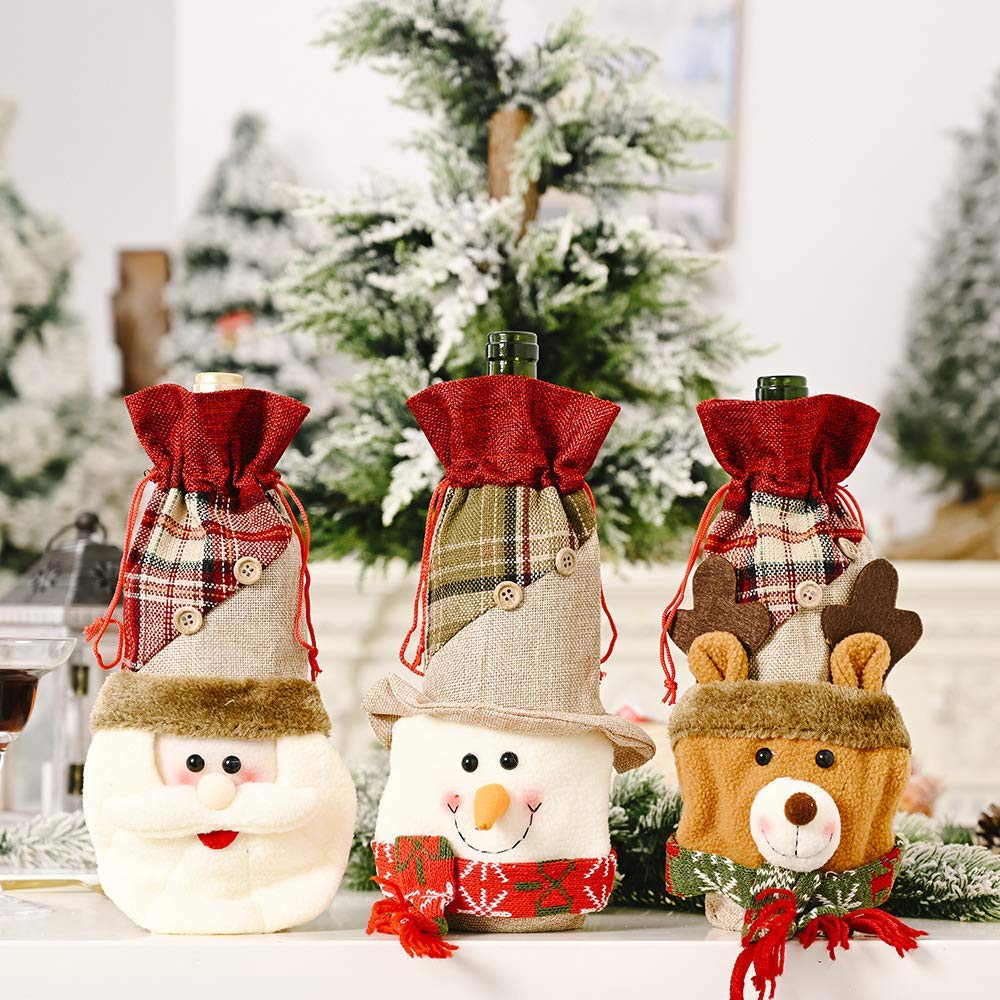 PDOOR 3PCS Sacchetti per Bottiglie di Vino di Natale, Babbo Natale, Pupazzo di Neve e Renne con Coulisse, Set di Copribottiglie di Vino Decorazioni per Feste di Natale