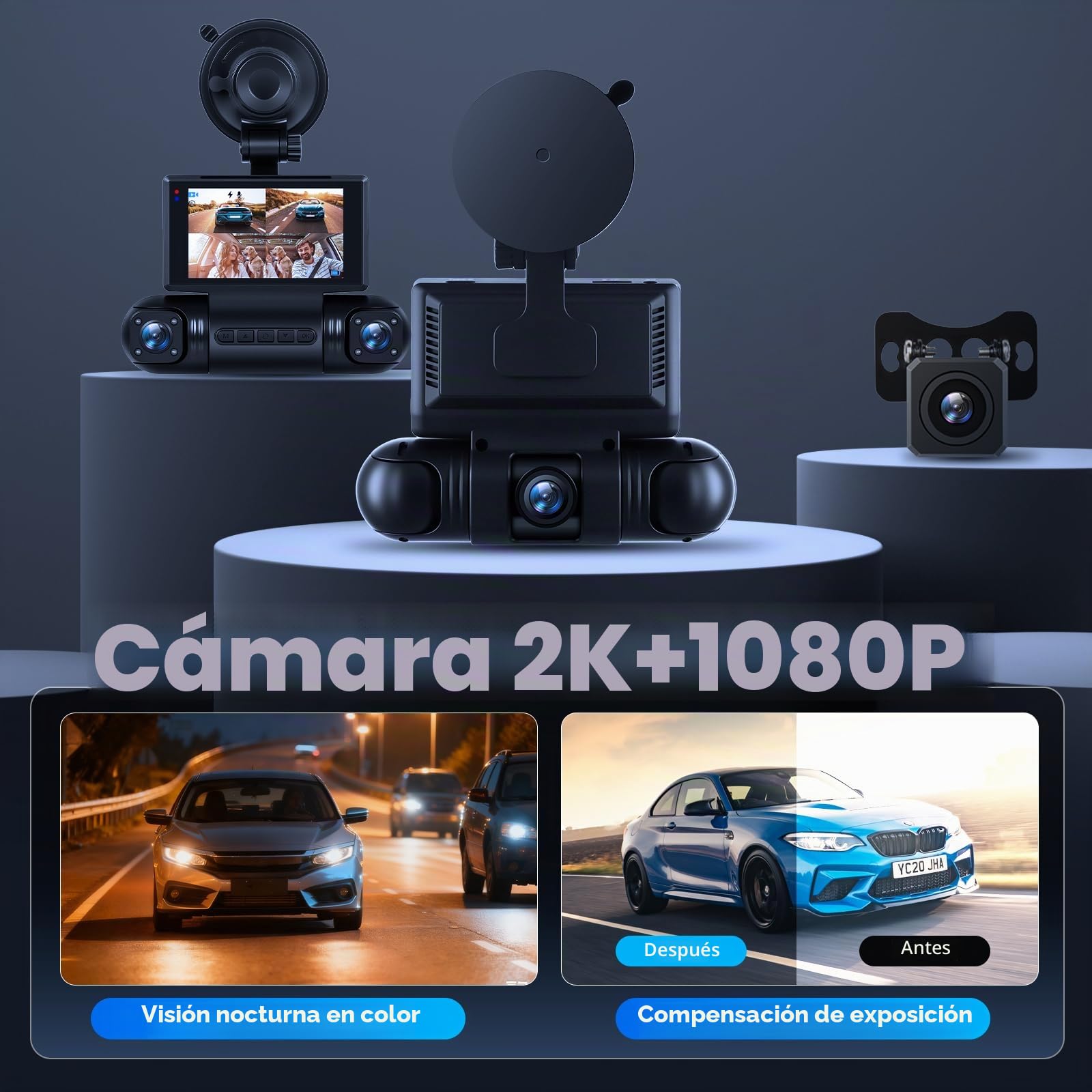 Hodozzy 2K Dash CAM Coche con 4 Cámaras 360°Delantera y Trasera Giratoria Izquierda Derecha, Pantalla 3 Pulgadas, Monitor Modo Aparcamiento, WiFi & App, Visión Nocturna y Grabación, Sensor G, Tarjeta