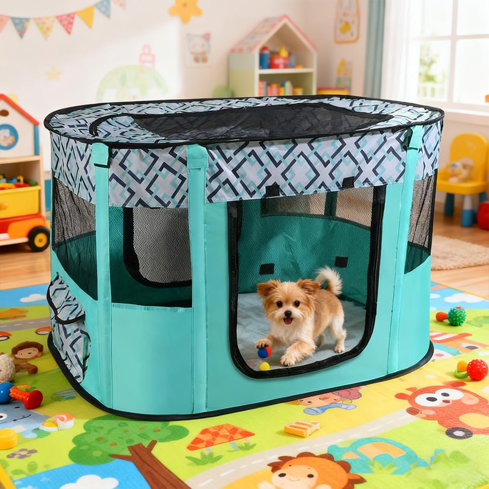 Welpenlaufstall Tierlaufstall,Faltbarer Haustierzaun,welpenauslauf faltbar,Tragbar katzengehege Kennel,70x55x40cm Kleintiergehege,Rechteckiges Zelt für Hunde, Katzen und Kleintiere(Grün)