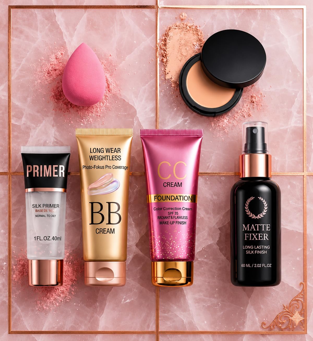 Makeup Kit Set with Silk Primer, BB Cream, CC Cream, Powder & Fixer | 6-Piece Collection, SPF 35 CC Cream, Matte Fixer Spray, Beauty Blender Sponge, Long Lasting Finish-picture-50
