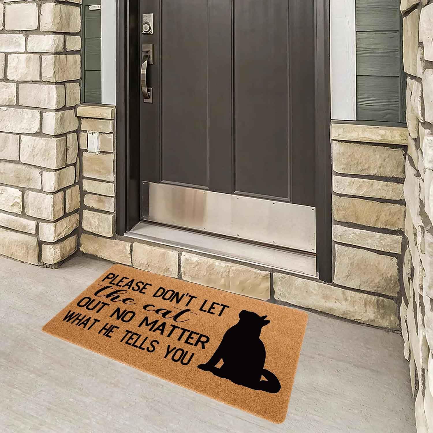 Funny Doormat Front Door Mat Entryway Outdoor Mat with Heavy Duty Front Porch Welcome Mats Entry Brown Mat House Warming Gift Mat 23.7 x 15.7 inch (Don't Let The Cat Out No Matter What He Tells You