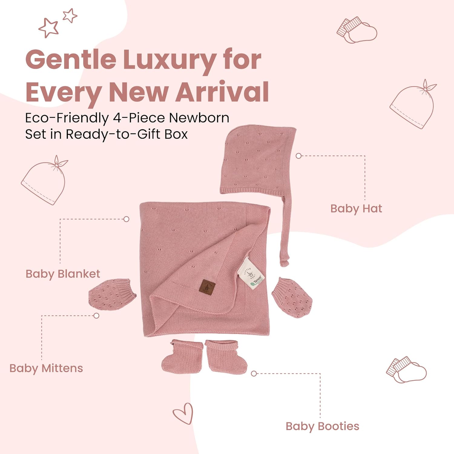 Soft Baby Gift Set – Includes Soft Knit Pointelle Blanket 30"x40", Baby Hat, Gloves & Booties – Eco-Friendly Newborn Essentials in Gift Box (Pink)
