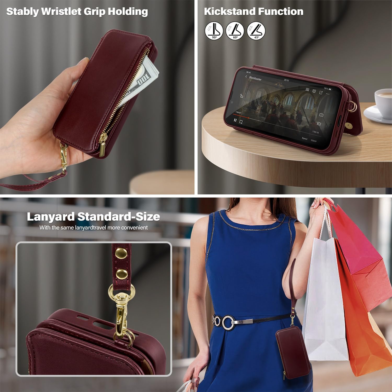 Antsturdy 2 in 1 Detachable for iPhone 14 Plus Wallet case with Magsafe,RFID Blocking Magnetic Wireless Charging PU Leather Phone case Flip Folio Cover Card Holder Wrist Strap Women Men,Wine Red