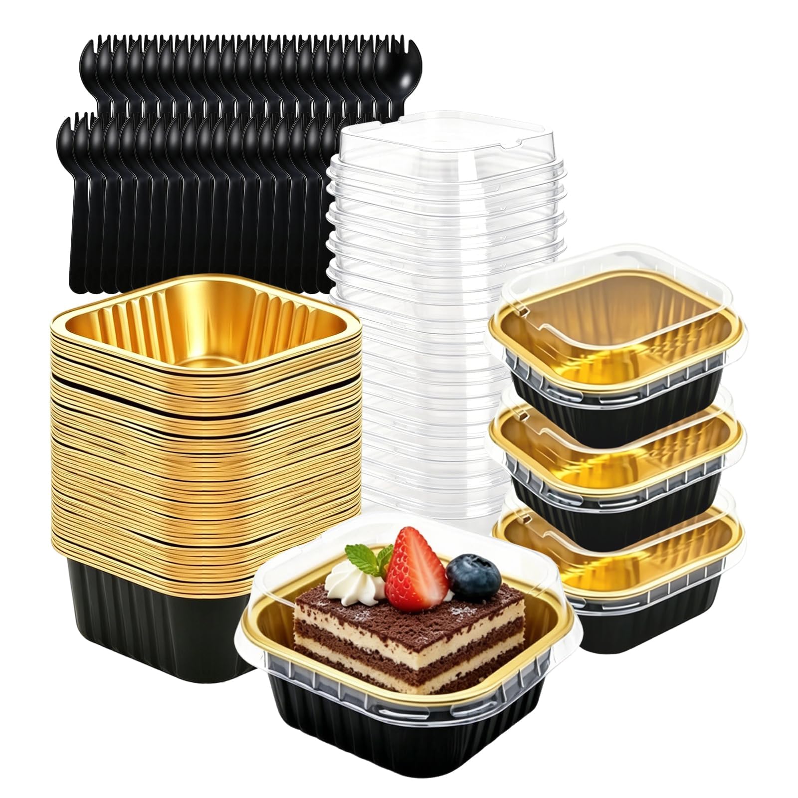 30 Pack Mini Cake Baking Cups with Lids and Spoons 150ml - Aluminum Foil Ramekins Dessert Cups with Lids - Square Mini Loaf Tins for Brownie Cheesecake Creme Brulee Party Favours (Gold)