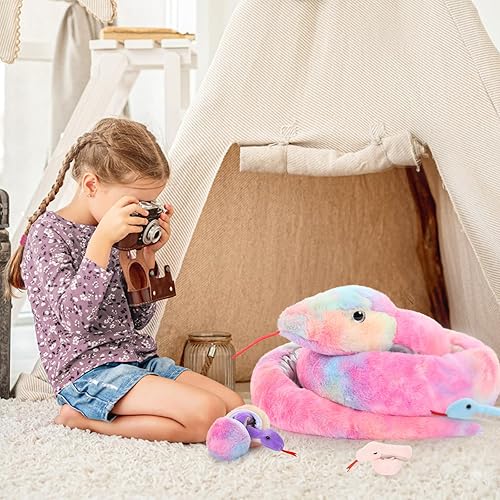 Miniatura 6 de MorisMos Peluche de serpiente gigante mamá con bebés, juguete de peluche realista de serpientes, 80 pulgadas de largo, boa constrictor verde para