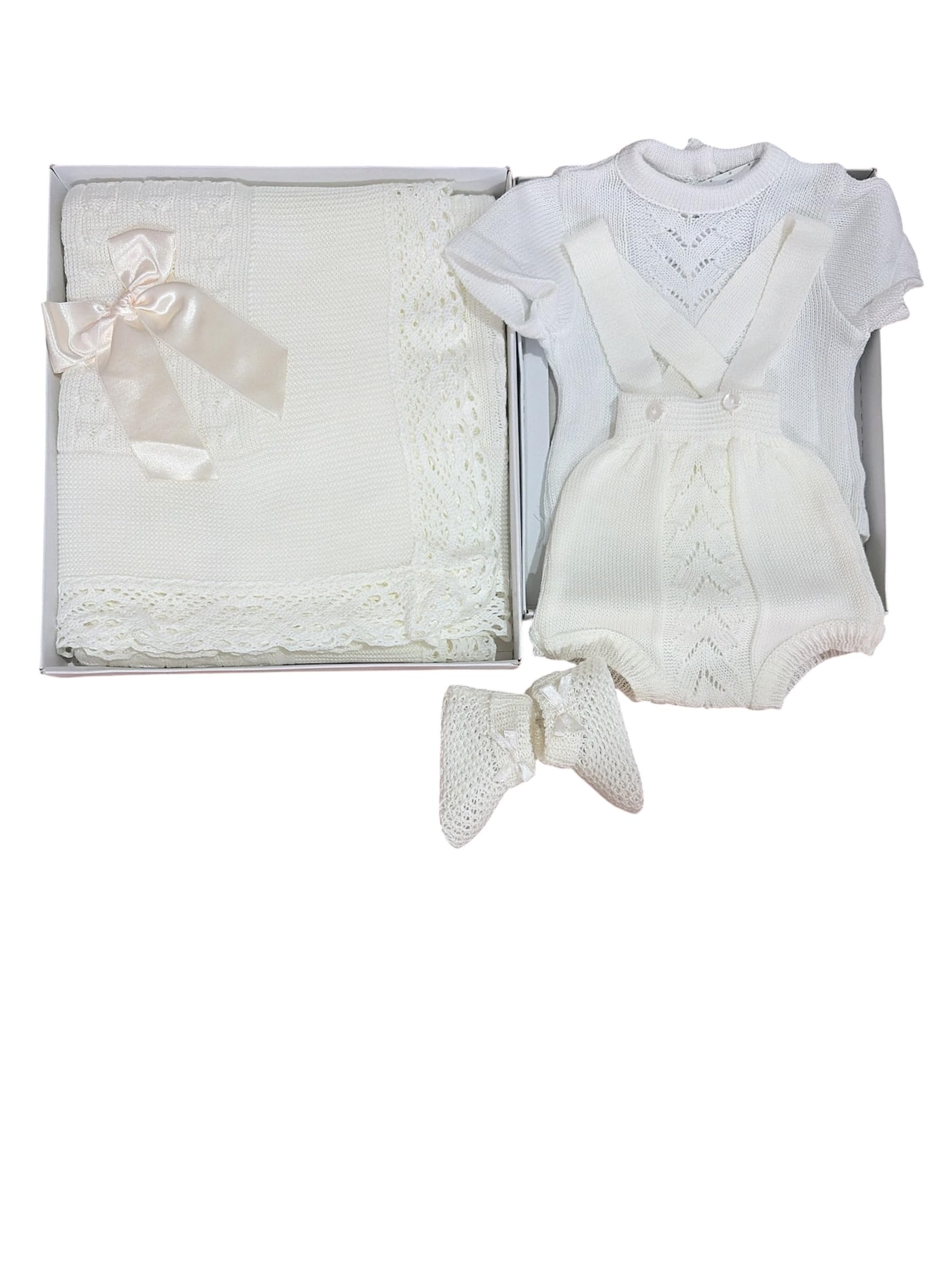 Genérico Conjunto de Bebé con Manta de Punto y Traje mas patucos, con Lazo, Regalo para Recién Nacido. Talla unica.