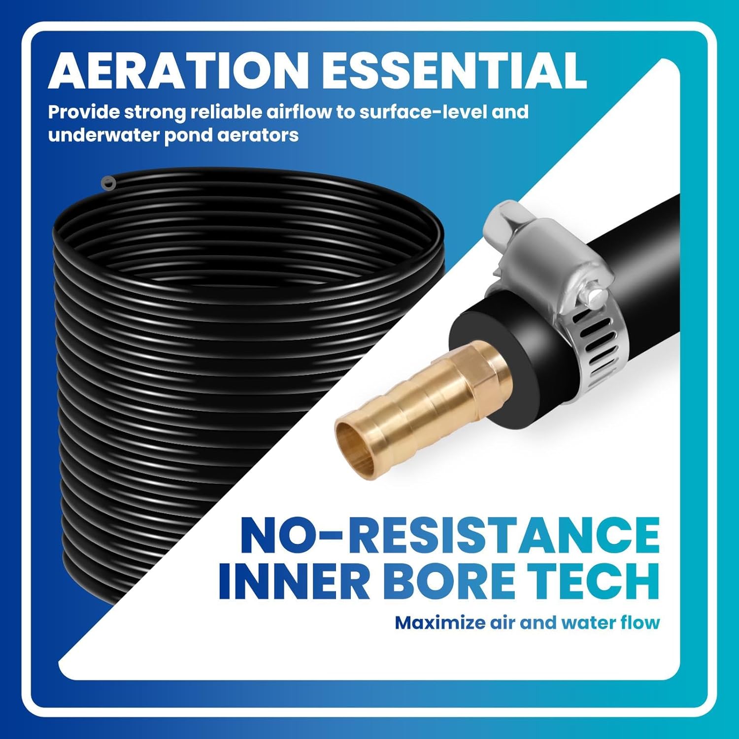 656 FT Pond Tubing, 3/8 Inch Self Sinking Weighted Air Hose for Pond Aeration Kit with 4 Stainless Steel Clamps and 4 Menders