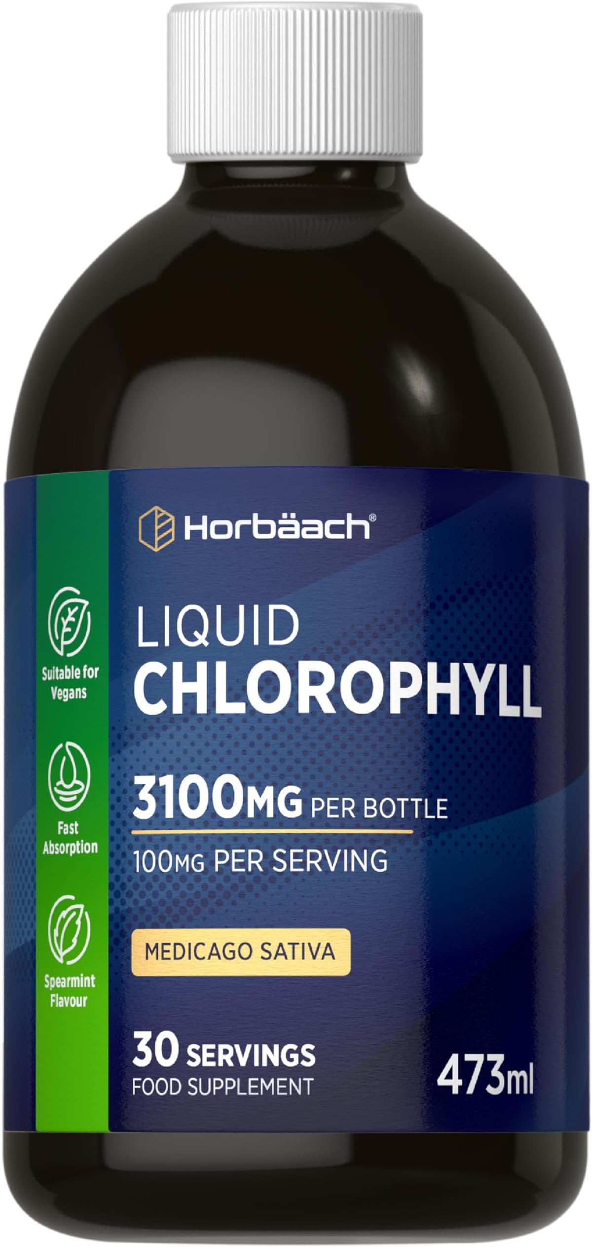 Liquid Chlorophyll Drops for Water | 3100mg Per Bottle | 473ml | Vegan Supplement | Mint Flavour | by Horbaach