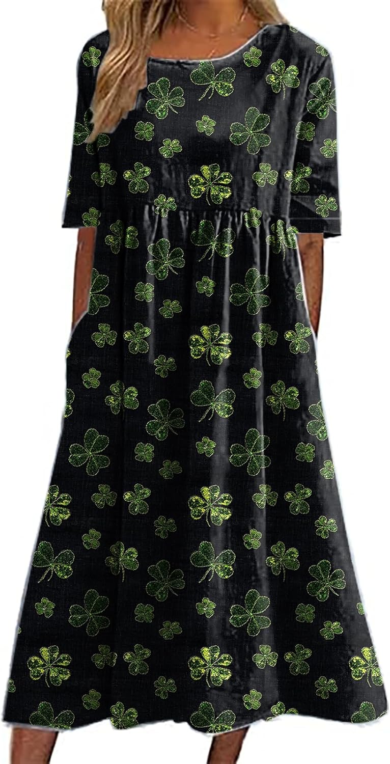 St Patricks Day Dress for Women Shamrock Crewneck Short Sleeve High Waist 2025 Summer Casual Flowy Fashion Dress