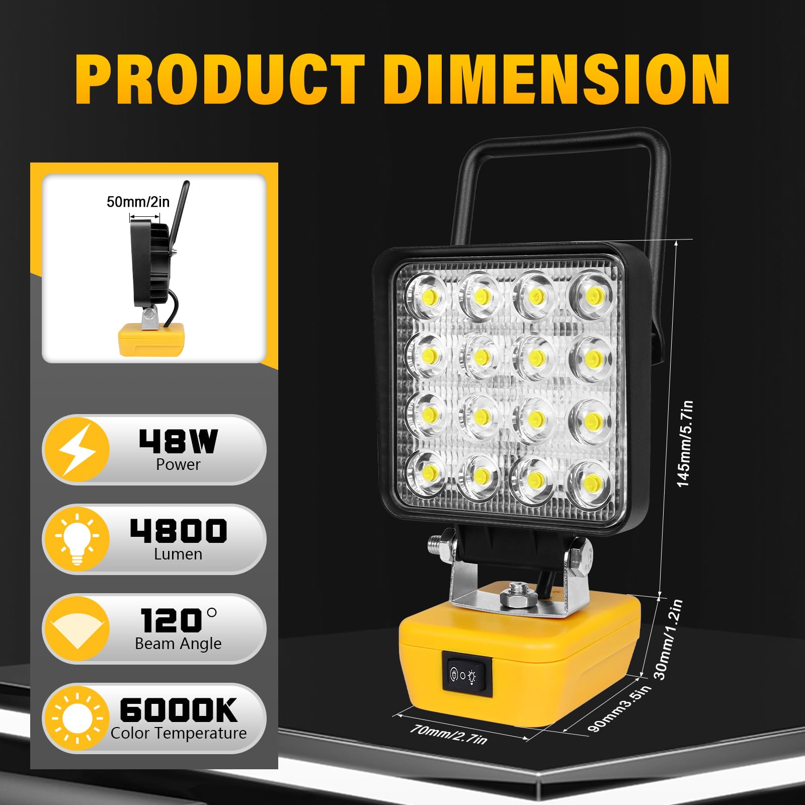 Willpower Foco LED para Batería Dewalt 18V, Luces de Trabajo Portátiles Recargables, 48W 4,800LM, Lámpara LED para Camping Pesca Emergencia con Conector de Tipo C y Carga USB (Sin Batería)