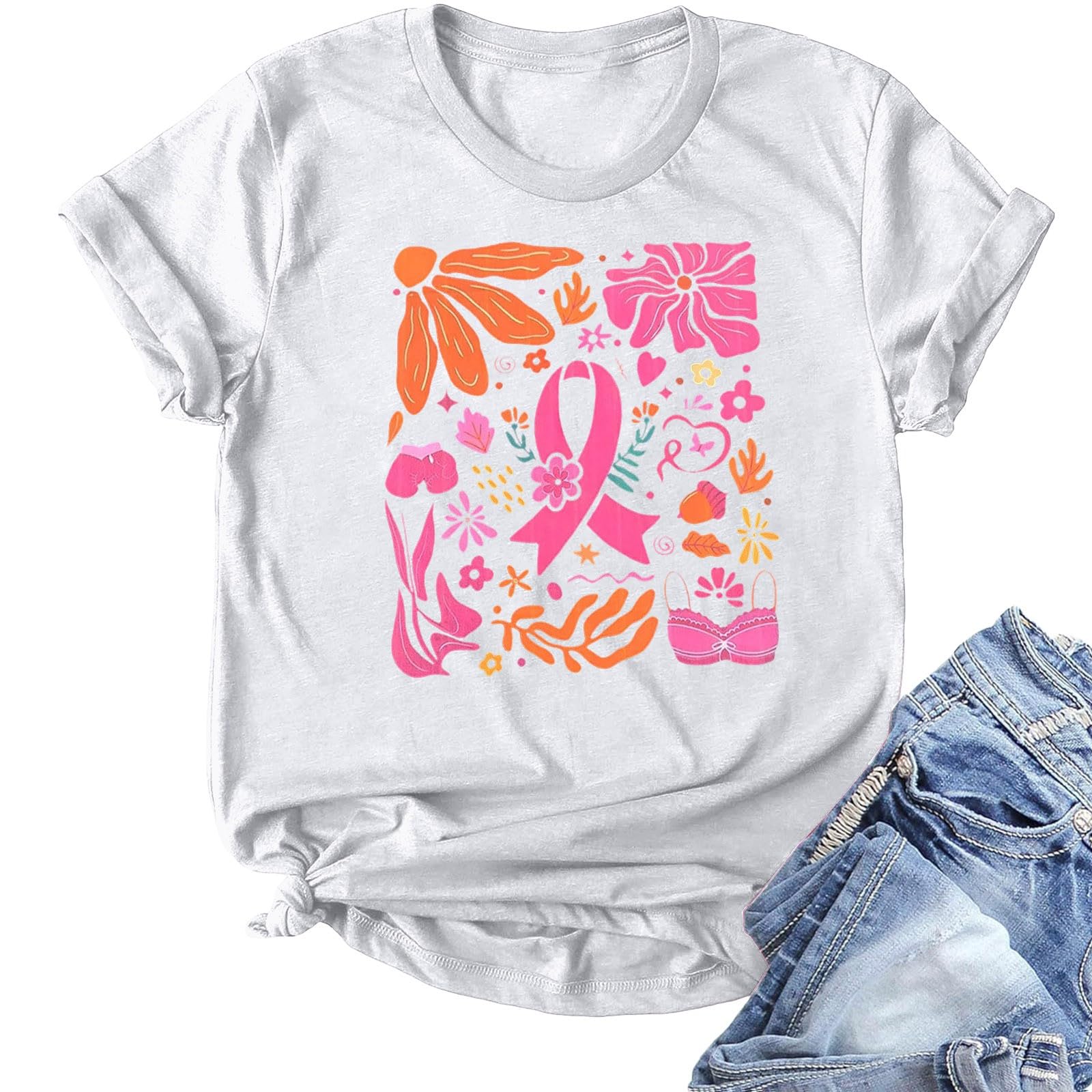 Camiseta Informal de Talla Grande con Estampado del Mes de Concientización sobre el Cáncer de Mama. Cómoda Camiseta de Manga Corta para Uso Diario.