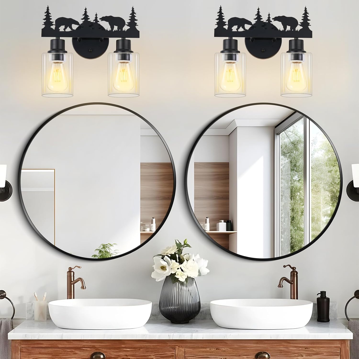 Farmhouse Rustic Bear Bathroom Light Fixtures, 2-Light Black Vanity Lights with Clear Glass Shade, Wall Lamp for Bathroom, Living Room, Hallway, Kitchen, Cabinet, Porch