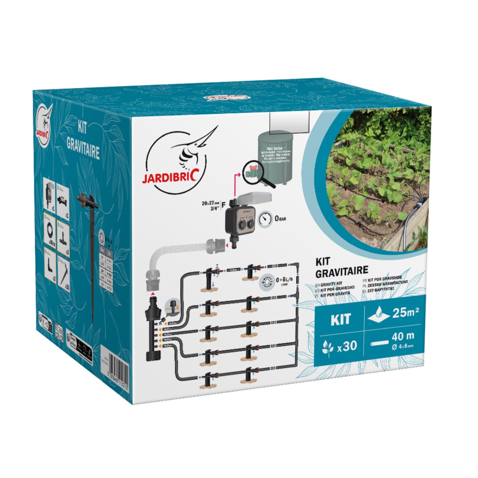 Jardibric - Kit Goutte à Goutte 25 m² Sans Pression 0 Bar - Programmateur - 40 m Tuyau 6 mm - 30 Goutteurs Réglables