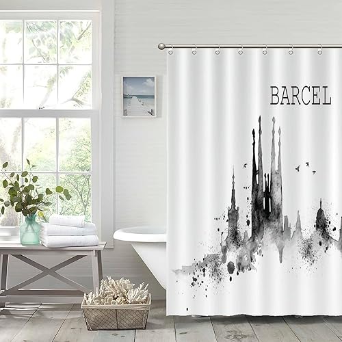 Miniatura 5 de Rimego Shower Curtain Set with 12 Hooks - Skyline Barcel White and Black Waterproof Polyester Fabric Shower Curtain for Modern Home Bathroom
