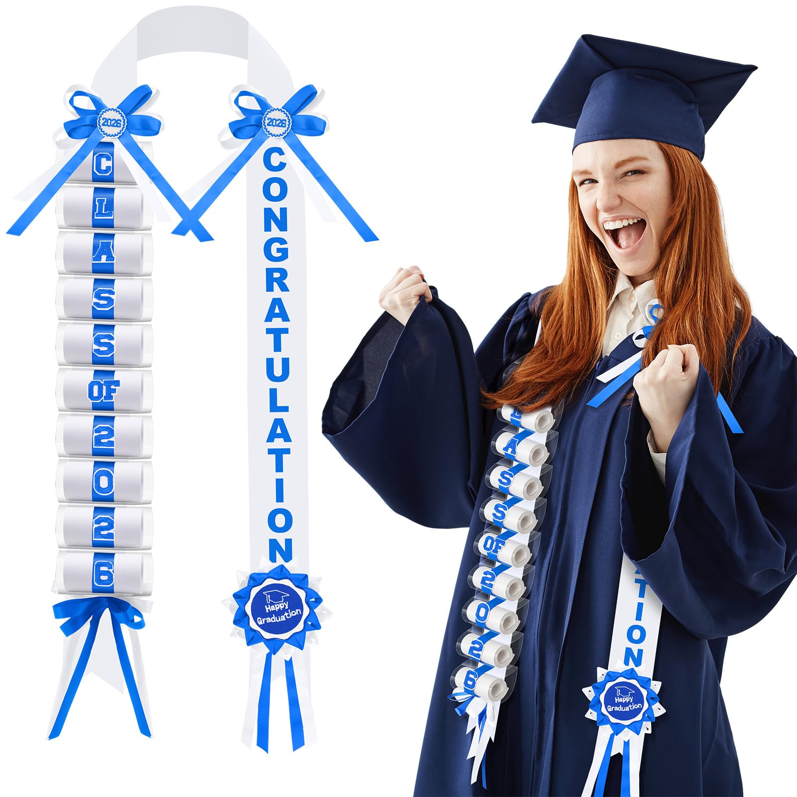 Photo 1 of Lyrow Blue and White Graduation Money Lei Class of 2026 Ribbon Money Lei Graduation Cash Gift for Congrats Graduates Grad Leis with Cash Holder for Senior High School Party Supplies (Classic)