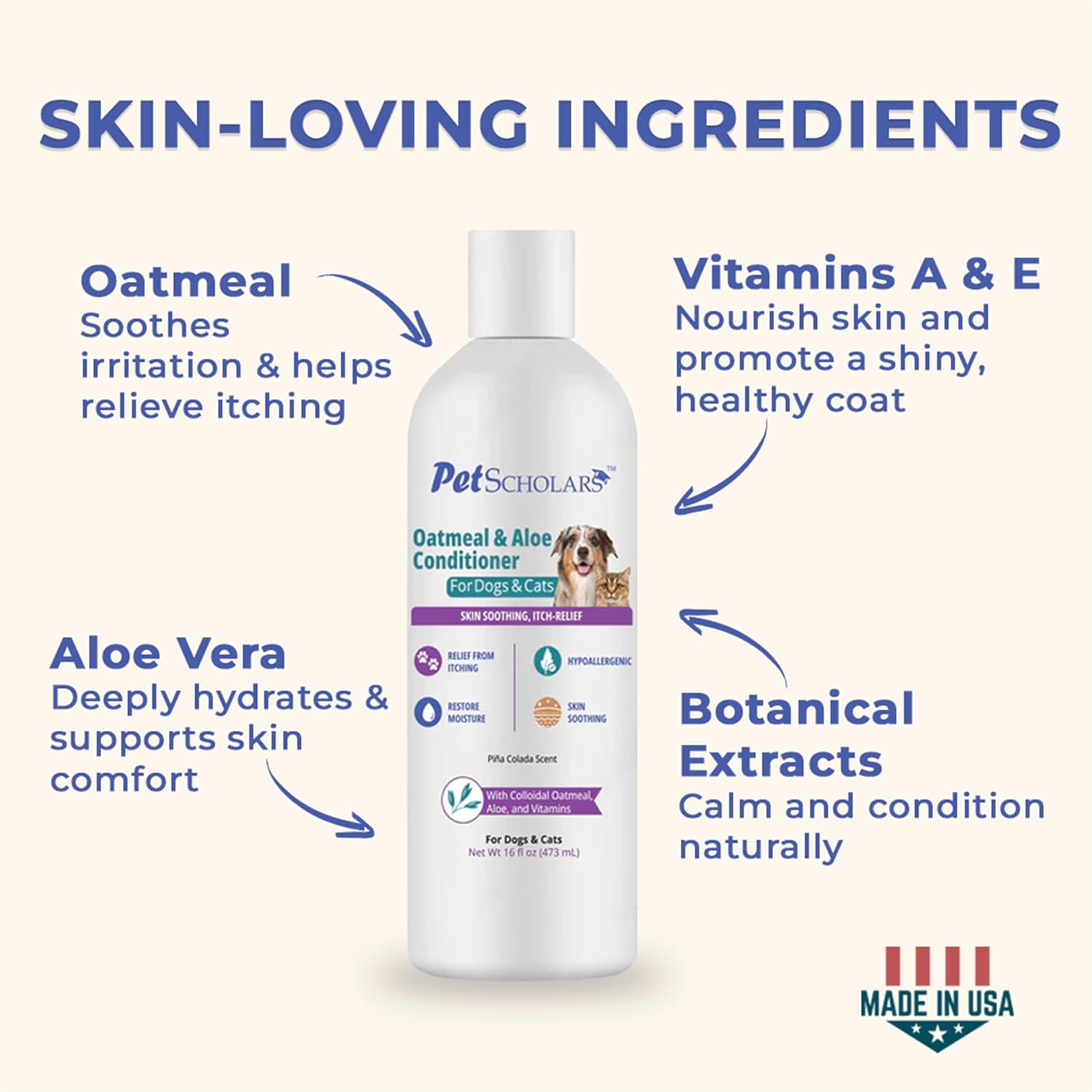 Oatmeal & Aloe Conditioner with Vitamins for Dogs, Cats, Puppies & Kittens (16 fl oz) (Pack of 1)