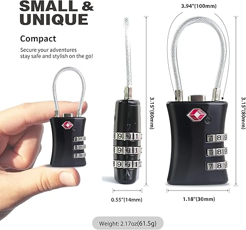 Miniatura 2 de Candados TSA para equipaje, candado de combinación pequeña, cerraduras de equipaje aprobadas por la TSA, combinación de candado con cable, para