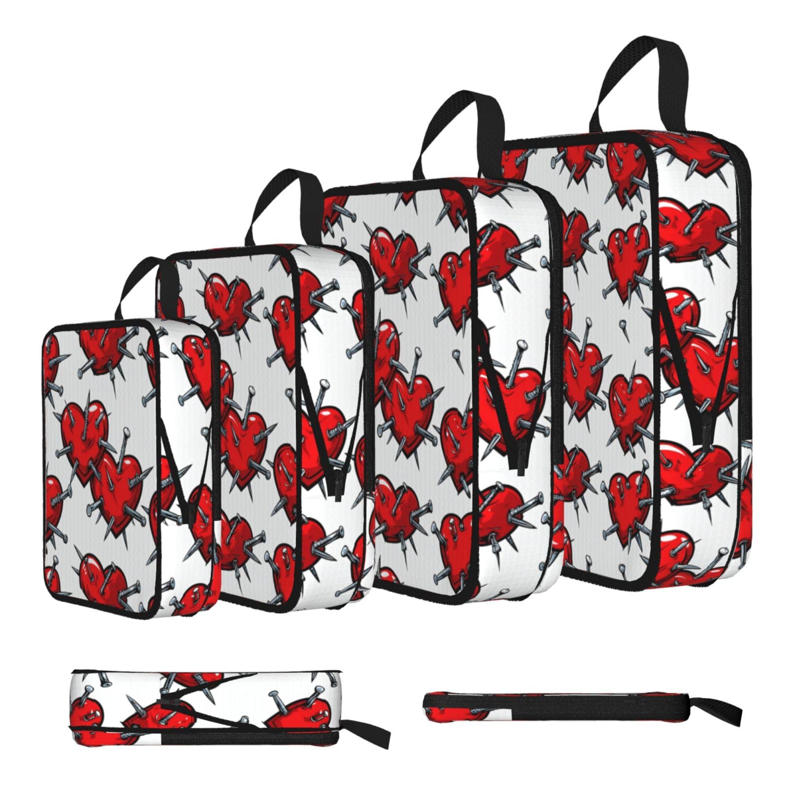 Red Heart with Nails Print Packing Cubes for Travel Space Saver Bags, Compression Packing Cubes Set of 4, Expandable Luggage Organisers, Suitcase Organiser Bags