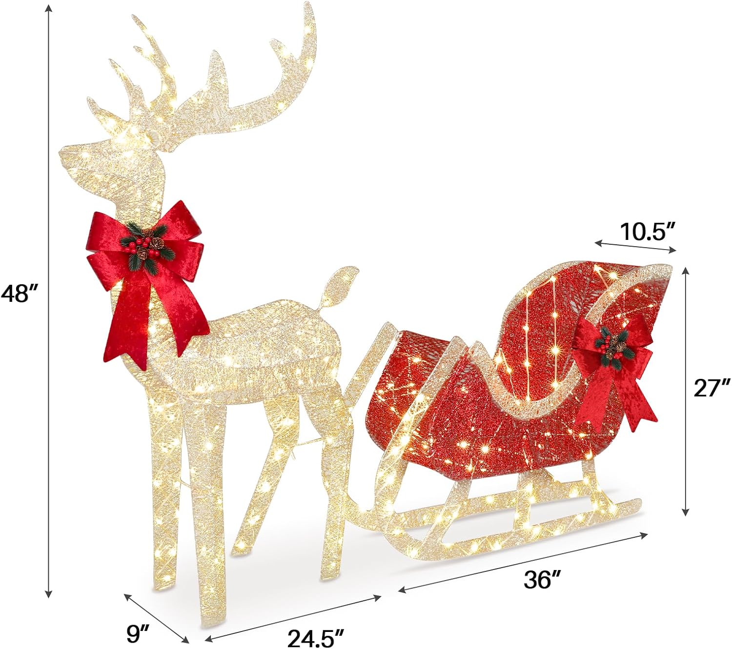 LAMPHOME Upgraded 300LED Large Lighted Reindeer and Sleigh Outdoor Christmas Decorations, Holiday Ornaments Yard Decor for Home, Lawn and Front Yard. Gold and Red Glitter, 2-Piece Set