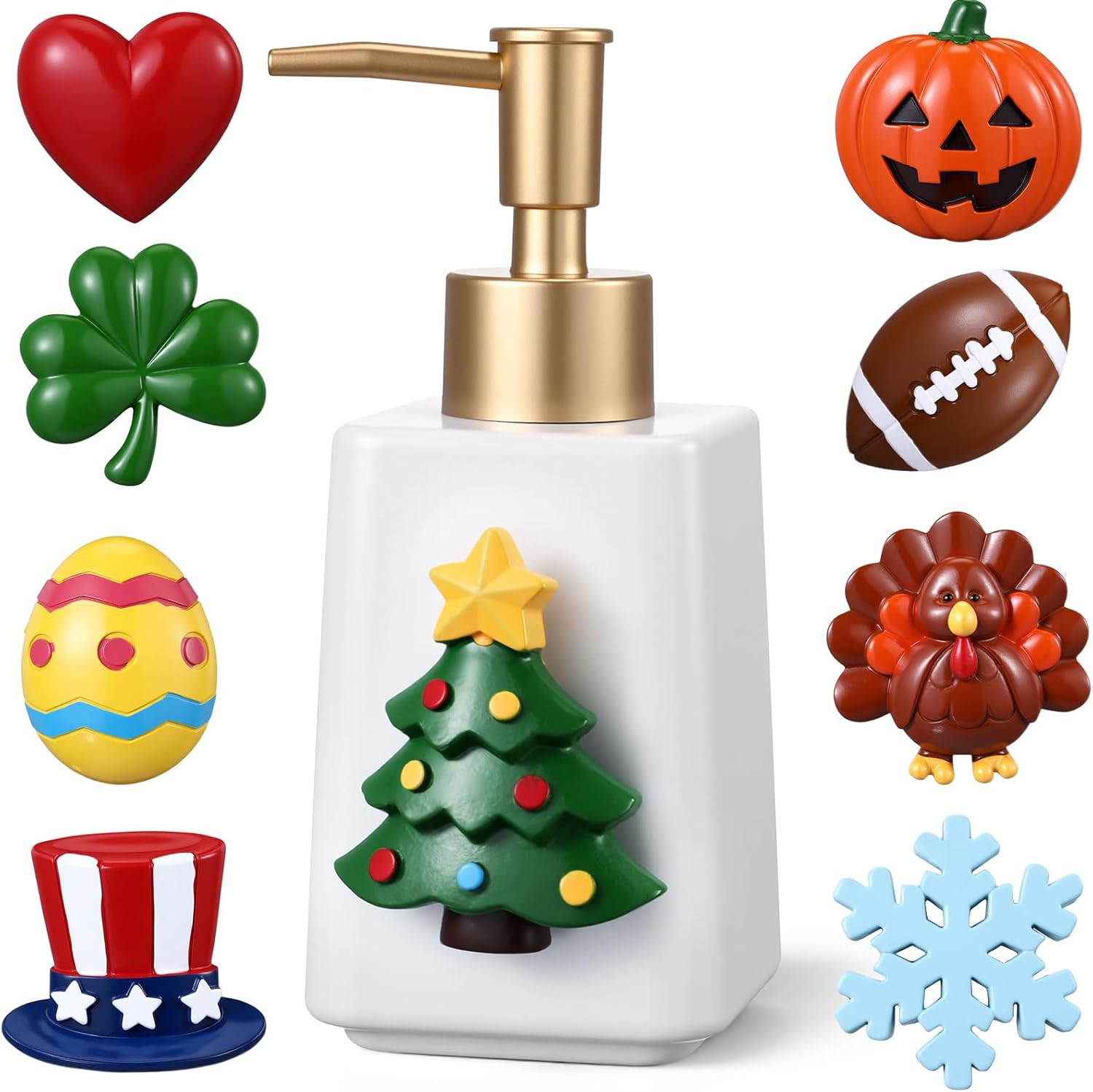 Gejoy Seasonal Holiday Soap Dispenser Magnetic Interchangeable Set - Ceramic Hand Soap Dispenser with 9 Seasonal Resin Ornaments & Magnetic Pads - Festive Bathroom & Kitchen Dec for Christmas(Gold)