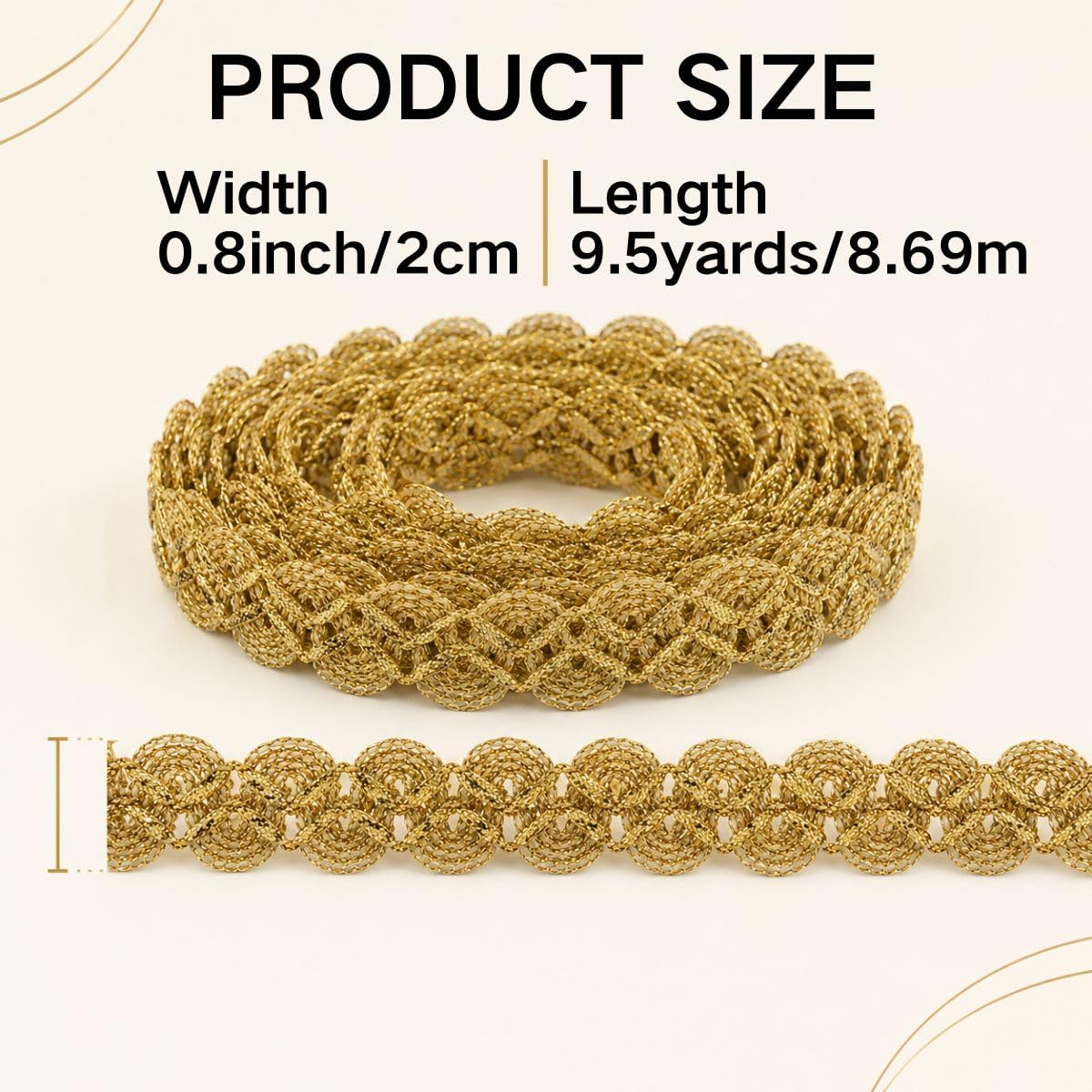 Gold Braid Lace Trim, 0.8'' x 9.5 Yds Metallic Woven Ribbon