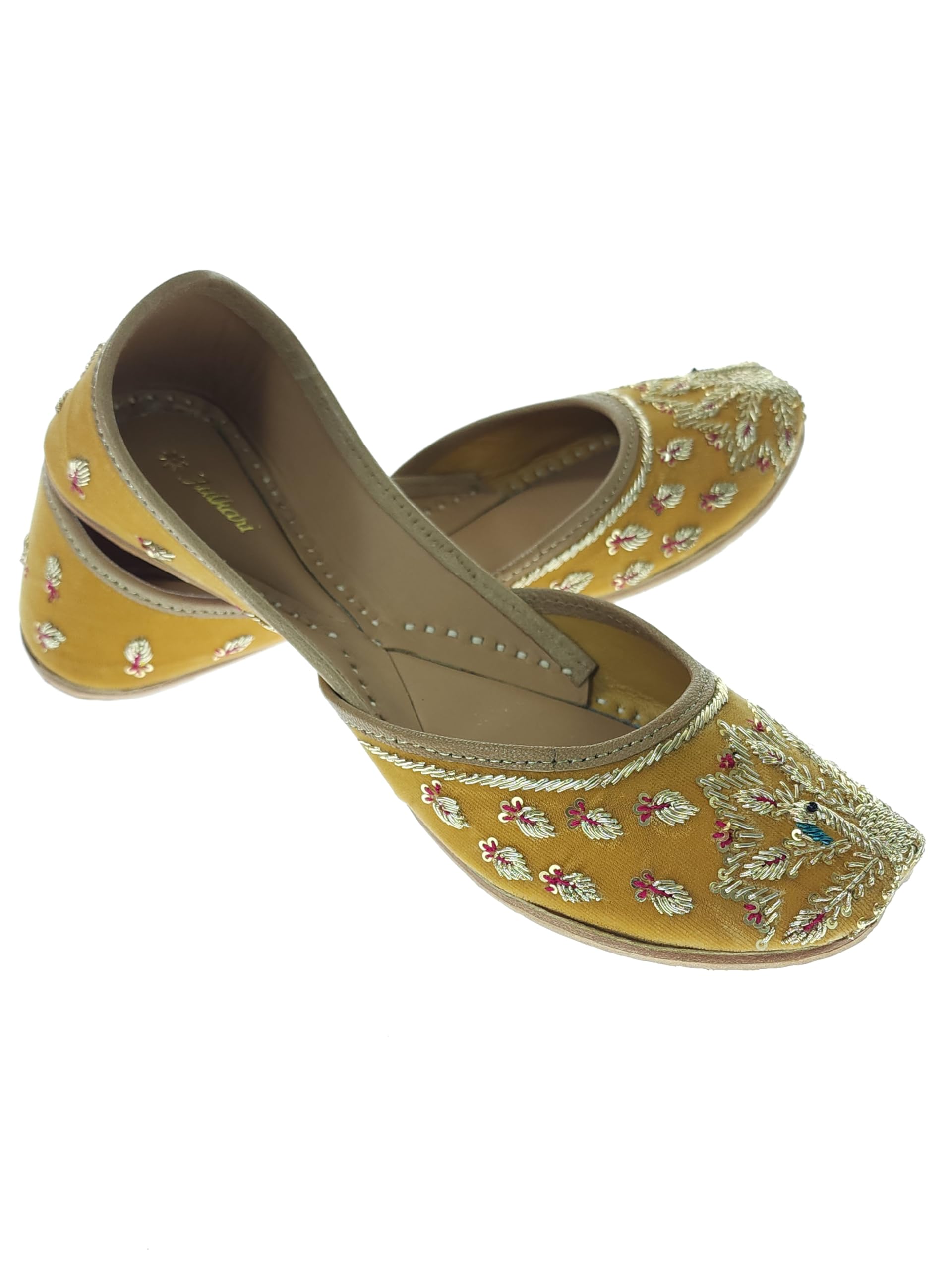 fulkari Women Mayur Velvet Gold Toned Genuine Soft Leather Embroidered Jutis | Bite and Pinch Free Jutti | Punjabi Formal Juttis | Girl's Wedding Flat Ladies Mojari | Formal Ethnic Juti |-picture-58