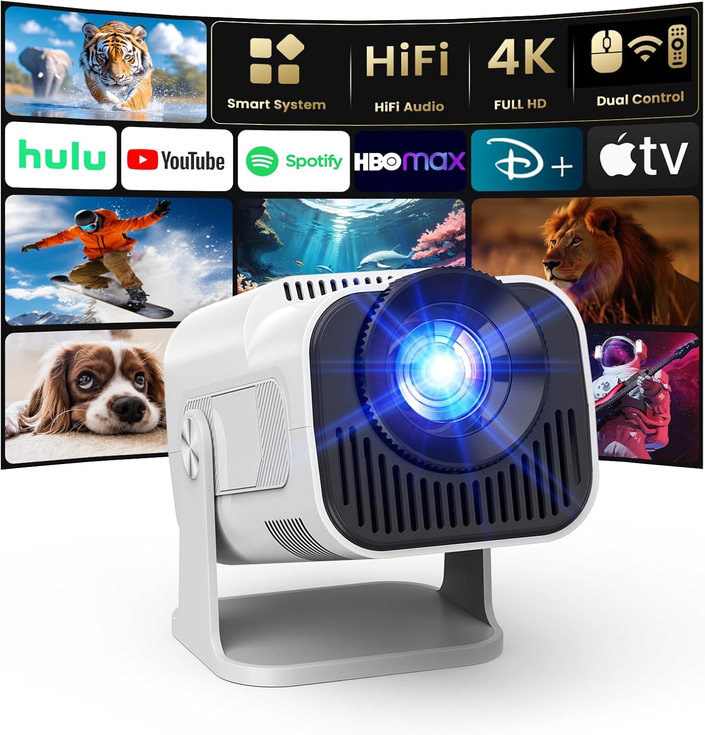 4K Projector with Wifi and Bluetooth, 1080P Native Mini Projector Portable, Auto Focus & Keystone Compatibile with TV Stick/Memory Stick/Laptop, Smart Home Outdoor Projector, White