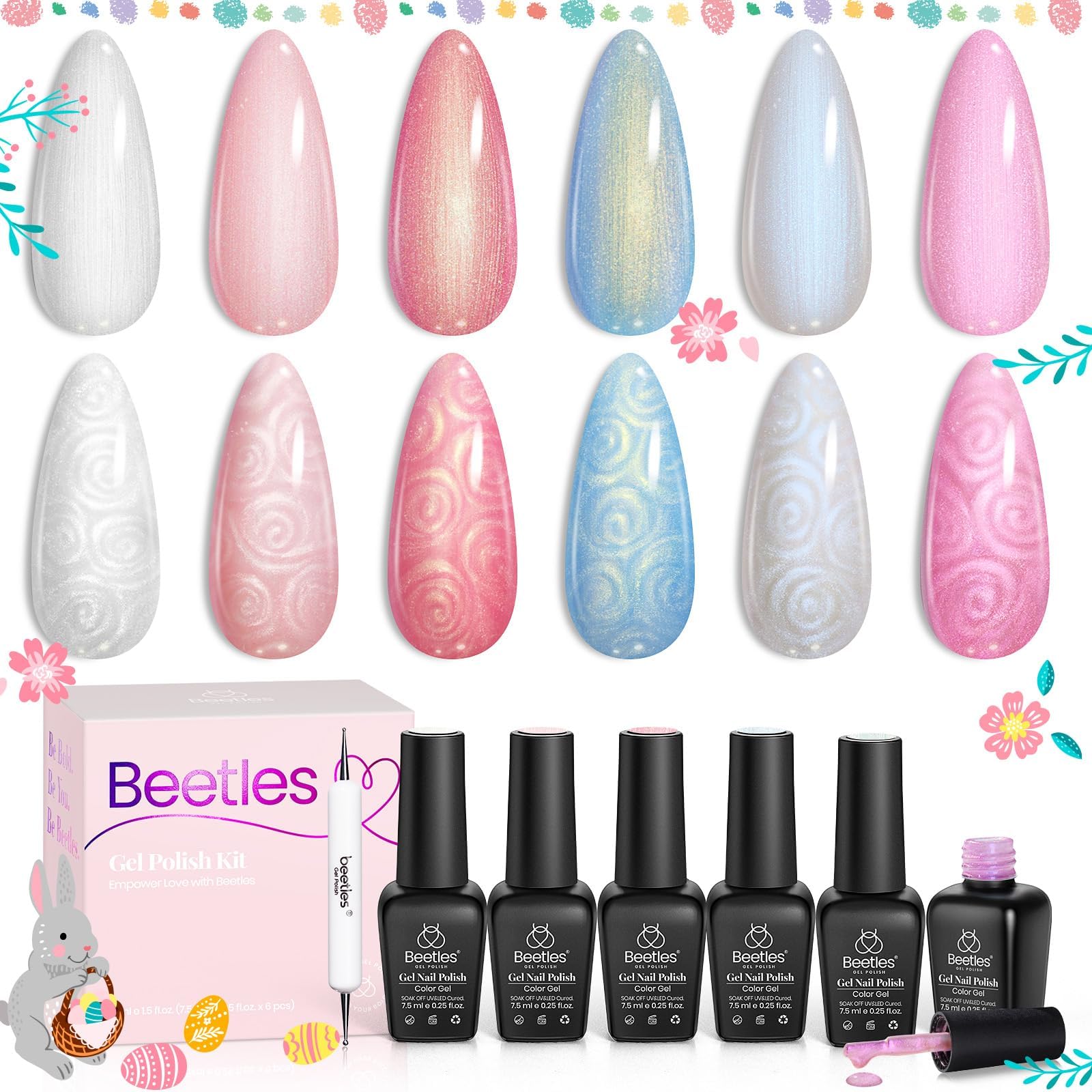 Beetles Gel Nail Polish Kit 4Pcs 7.5Ml Black White Colors with No Wipe Top Coat