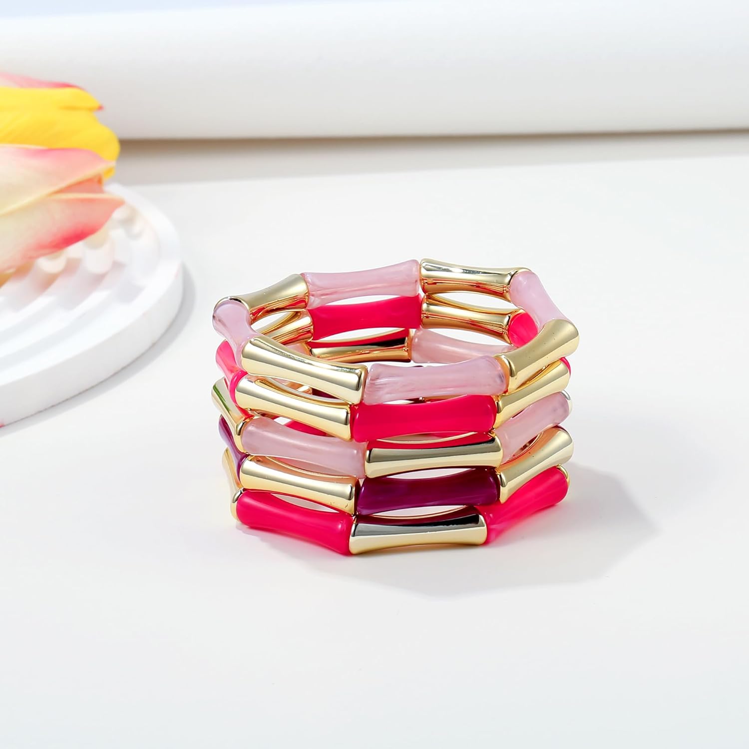 Gold Tube Bangle Bracelets for Women Stackable Bamboo Chunky Acrylic Beads Stretch Friendship Summer Beach Bracelet Jewelry - Image 5