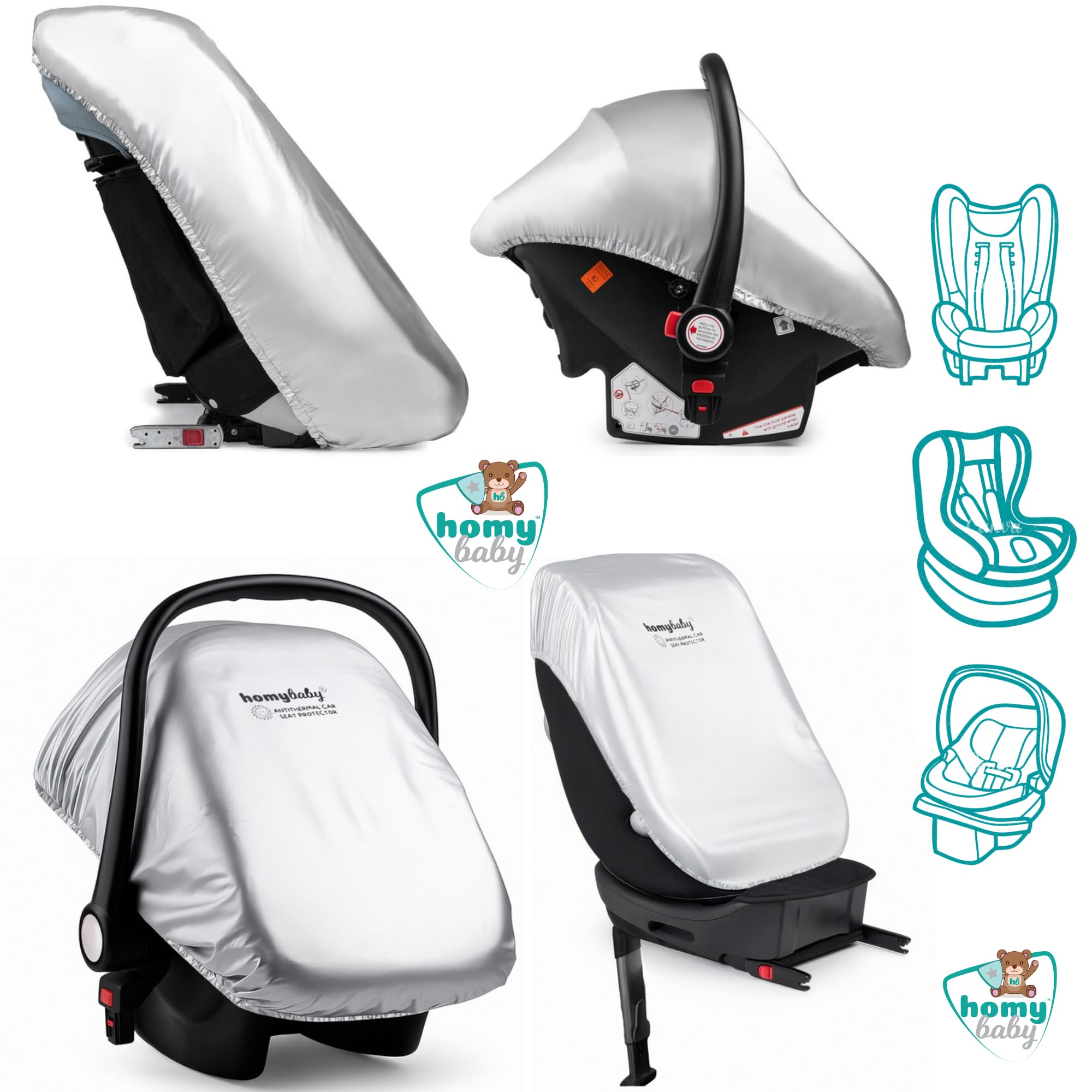 HOMYBABY® [2 unidades] Funda Antitérmica Silla Coche Bebe UNIVERSAL - Protección Solar Anti-UV - Reduce Calor hasta 25°C - Ajustable Grupos 0 1 2 3 - Protector Silla Infantil (Silver, X2)